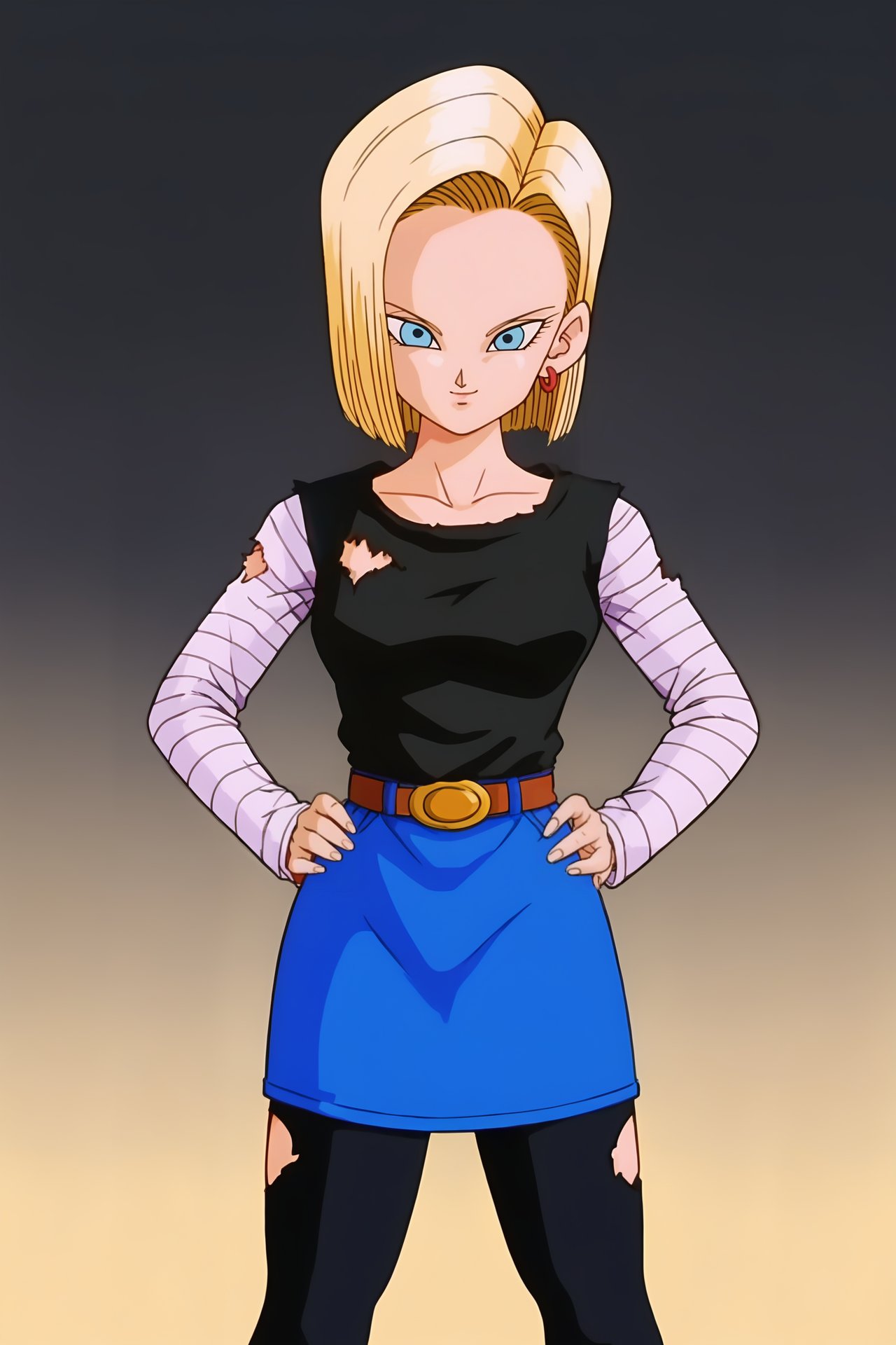 source_anime, score_9, score_8_up, score_7_up, anime screencap, high quality, android 18, android saga, anime coloring, official style, 1girl, solo, looking at viewer, short hair, blue eyes, smile, blonde hair, simple background, leaning forward, long sleeves, collarbone, gold earrings, belt, blue skirt, torn clothes, black shirt, black background, hands on hips, fingernails, cowboy shot, striped sleeves, white sleeves, eyelashes, denim skirt, denim <lora:c18_pony:0.8>