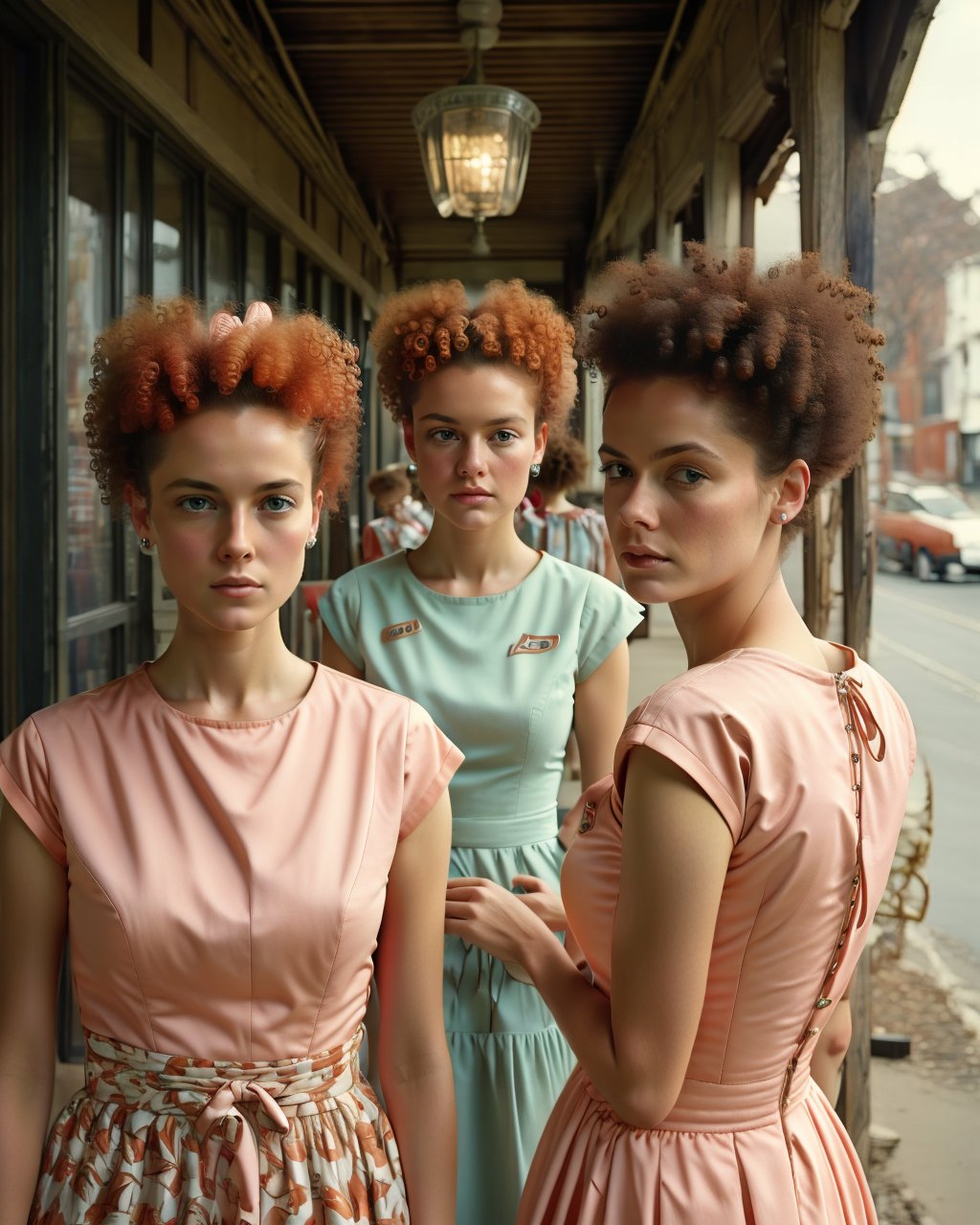 (ultra high res,photorealistic,realistic,best quality,photo-realistic),(8k, raw photo, best quality, masterpiece),looking at viewer,multiple girls,black hair,dress,red hair,3girls,orange hair,red dress,realistic,afro,screen <lora:retro_scifi_v3-1:0.7>