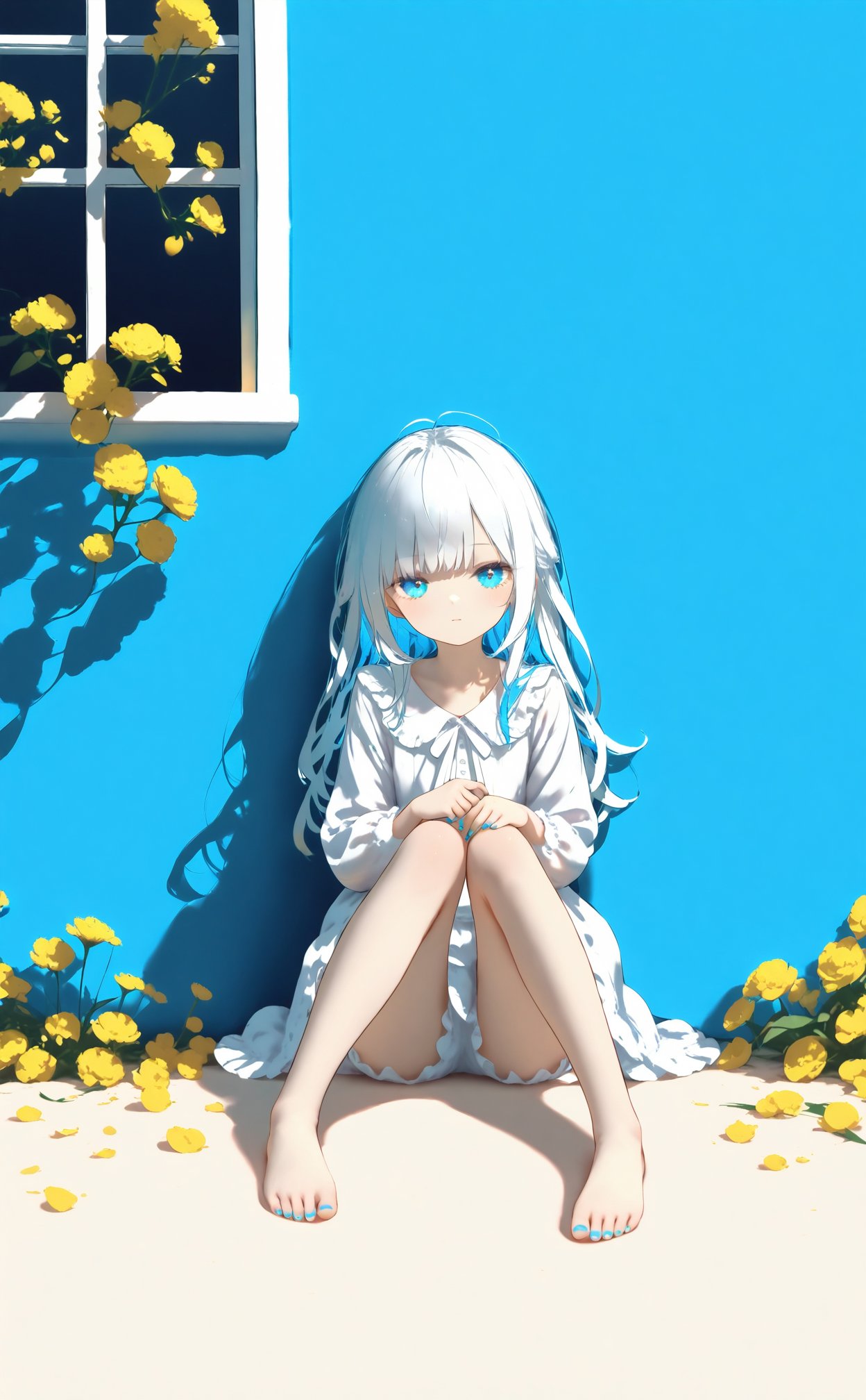 masterpiece,best quality,high quality,(colorful),nai3 Style,loli,Yellow flowers,Blue wall,Closed windows,1girl,nail_polish,toenail_polish,barefoot,blue_nails,toenails,bloomers,solo,aqua_nails,feet,sitting,long_hair,linen hair,bare legs,barefoot,bare legs,sit on the ground,