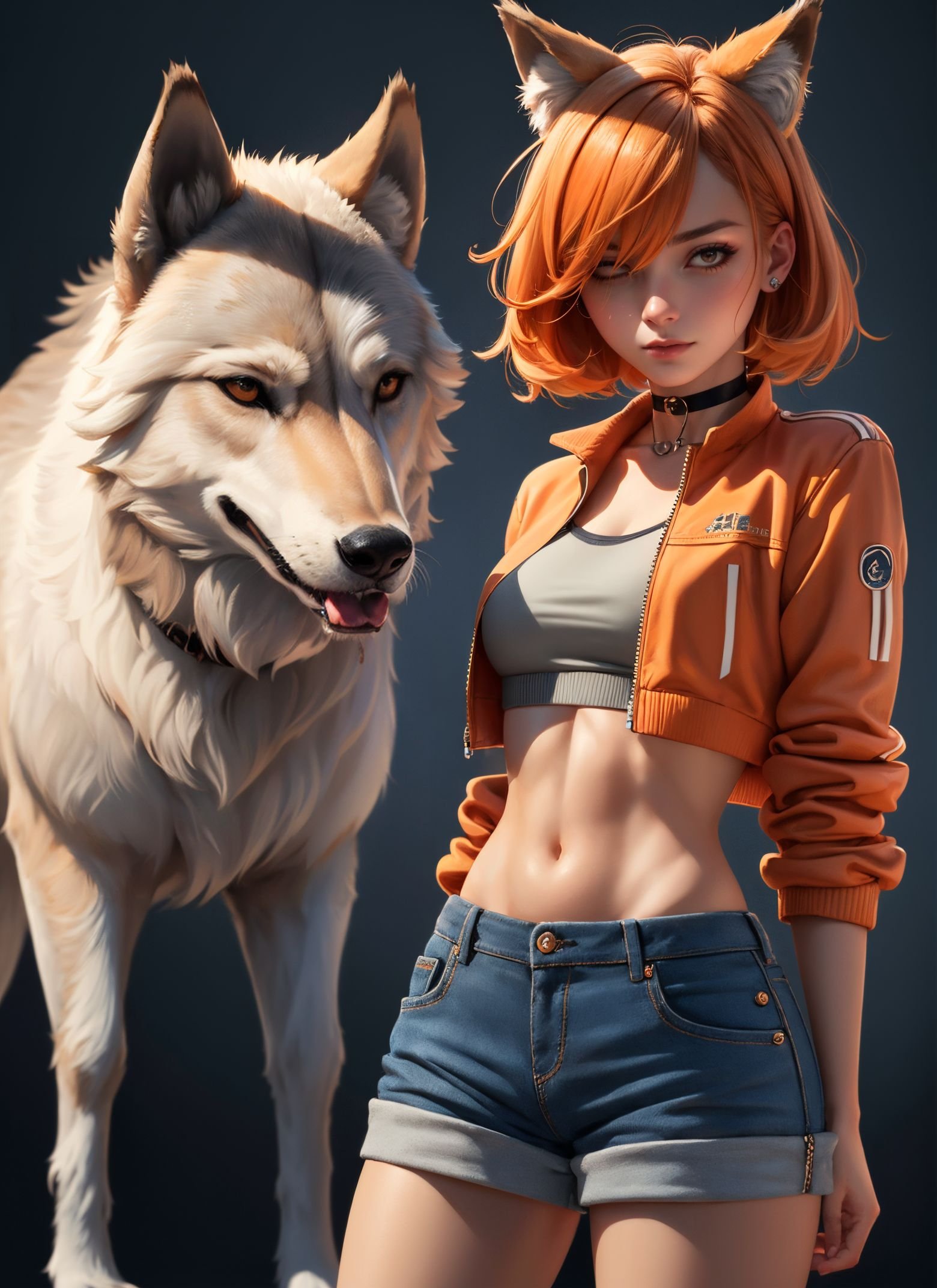 (masterpiece, best quality:1.1),(mature female:1.1),(empty eyes:1.1),<lora:wolf_cut:1>,wolf cut,cowboy shot,crop top,jacket,shorts,thong,emotionless,choker,simple background,orange hair,