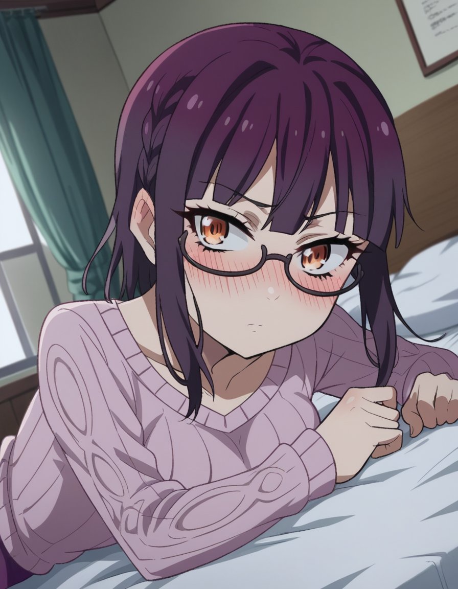 score_9, score_8_up, score_7_up, source_anime,sumikafujimiya, <lora:sumika-fujimiya-s1-ponyxl-lora-nochekaiser:1>,sumika fujimiya, brown eyes, purple hair, braid, glasses, semi-rimless eyewear, under-rim eyewear,sweater, long sleeves, collarbone, skirt, purple skirt,indoors, bed, bed room, on side, blush, drunk,looking at viewer, dutch angle,