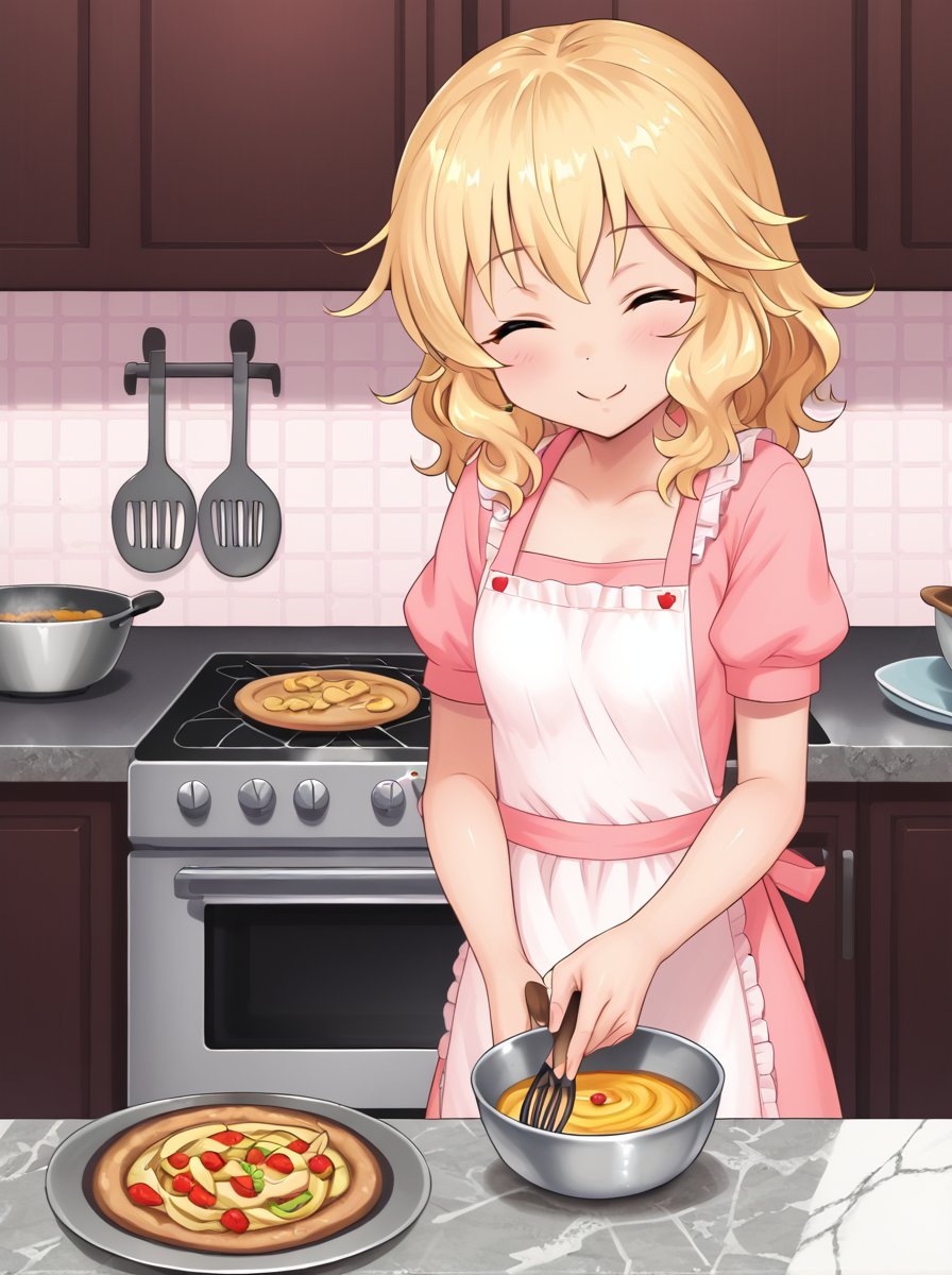 detailed background, shiny skin, <lora:momoka.pony:1.0>,momoka, closed eyes, kitchen, cooking, apron, smile, looking at viewer, 