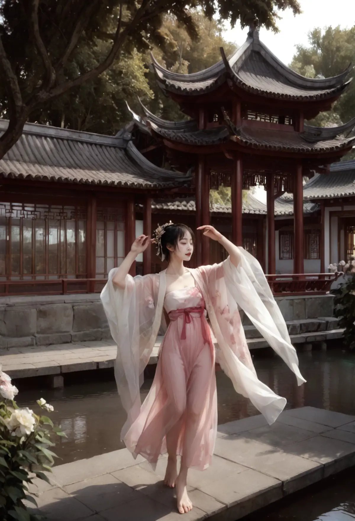 ,ruanyi0800,scenery,outdoors,east asian architecture,barefoot,dancing,flower,tree,water,,ruanyi0758,hanfu,pink dress,see-through,shawl,wide sleeves,jewelry,<lora:0800 Chinese courtyard_v1_pony:1>,<lora:0758 Peach Blossom Hanfu_v1_pony:0.8>, score_9,score_8_up,score_7_up,,8k,1girl,solo,,