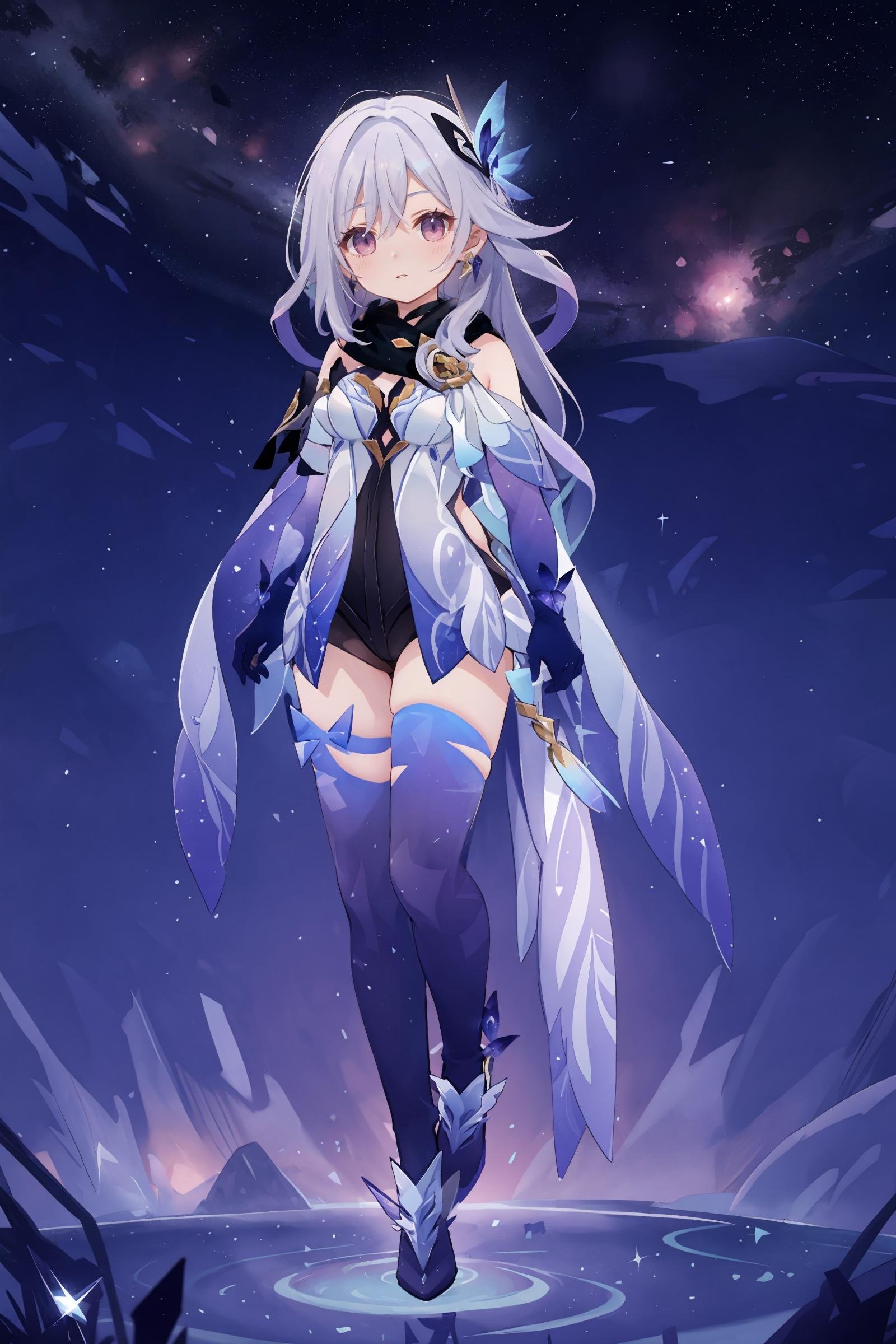 1girl, skirk \(genshin impact\), elbow gloves, earrings, cape, blue thighhighs, high heel boots, black scarf, butterfly hair ornament, armored leotard, full body, looking at viewer, floating, floating hair,  depth of field, space, nebula, starry sky, earth \(planet\), masterpiece