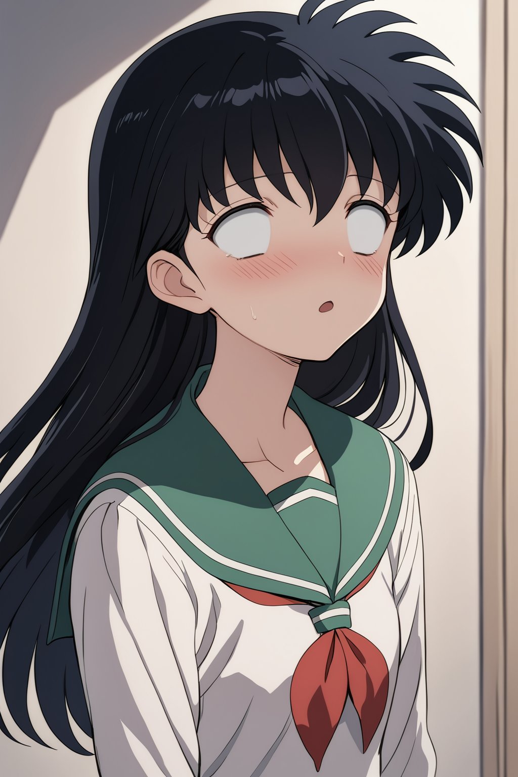 score_9,score_8_up,score_7_up, 1girl, <lora:kagome-higurashi-ponyxl-lora-nochekaiser:0.7> kagome higurashi, black hair, long hair,  shirt, long sleeves, school uniform, white shirt, pleated skirt, neckerchief, green skirt, red neckerchief, anime coloring, blush, (open mouth:0.7), upper body,  <lora:whitewash_eyes_pony:0.9> whitewash eyes, expressionless, shaded face, open mouth, 