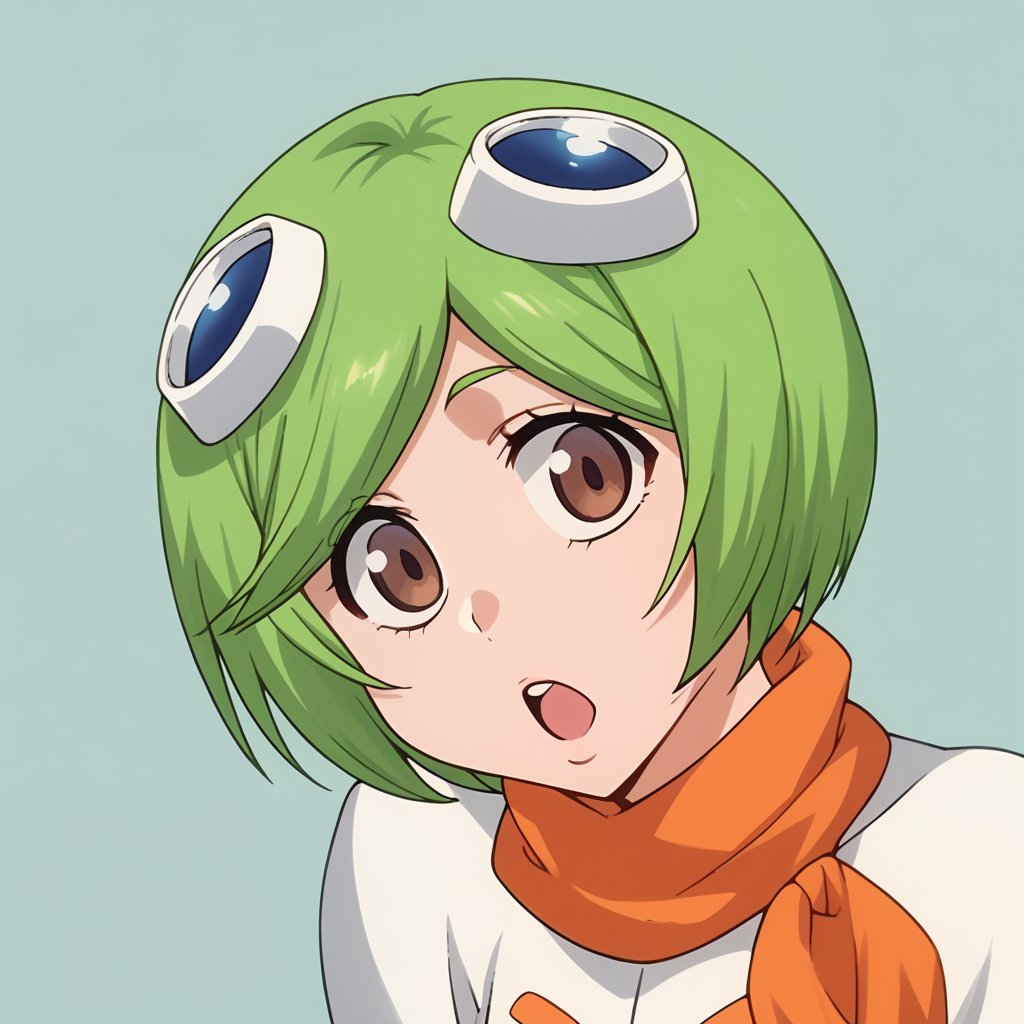 score_9, score_8_up, score_7_up, score_6_up, score_5_up, score_4_up, mashirokuna, portrait, 1girl, green hair, goggles, orange scarf, short hair, brown eyes, open mouth, looking at viewer, white bodysuit, face, looking at viewer, simple background, from side, , Negative prompt: low quality, bad quality, 3d, sketch, Steps: 25, Sampler: Euler a, CFG scale: 5.0, Seed: 521030424, Size: 1024x1024, Model: animeModel_amorev2PDXL, Clip skip: 2,