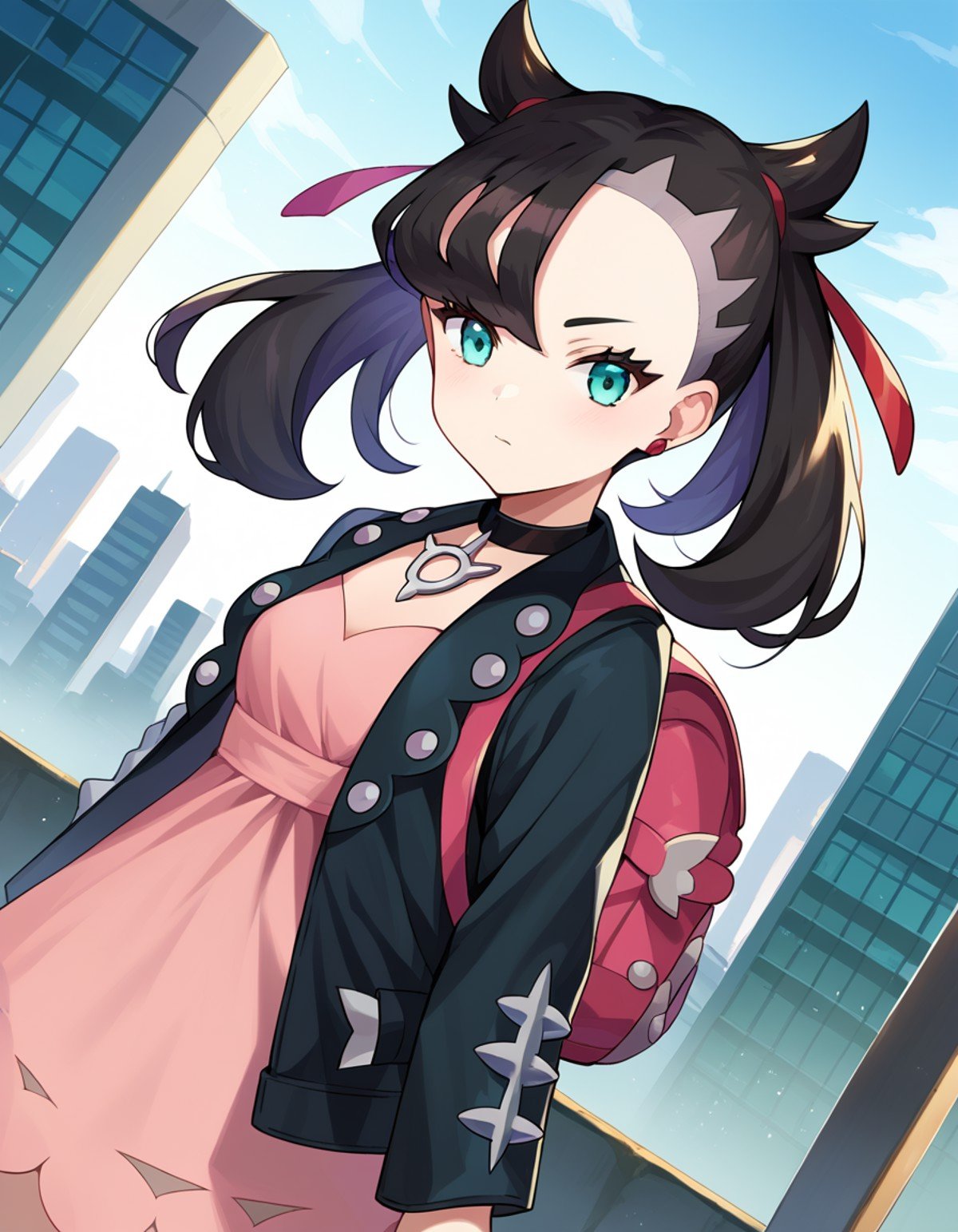 score_9, score_8_up, score_7_up, source_anime,pokemonmarnie, <lora:pokemon-marnie-ponyxl-lora-nochekaiser:1>pokemonmarnie, aqua eyes, asymmetrical bangs, asymmetrical hair, black hair, hair ribbon, long hair, red ribbon, ribbon, twintails,backpack, bag, black choker, black jacket, choker, dress, earrings, jacket, jewelry, long sleeves, open clothes, pink bag, pink dress,outdoors, cityscape,looking at viewer, cowboy shot, dutch angle,