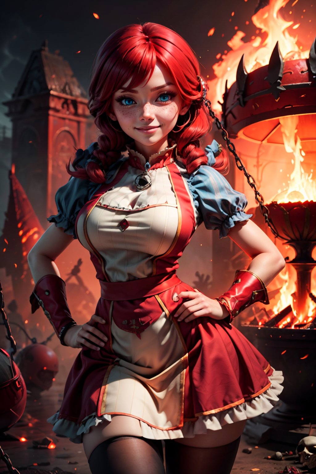 <lora:Beautiful_CAT_v3:0.5>, highly detailed, perfect lighting, anime style, ((masterpiece,best quality)), highres, <lora:Wendy_Wendys:0.8>, wendy (wendys), red hair, blue eyes, blush, apron,  bow, hair bow, sidelocks, smug, striped dress,  solo, smile, looking at viewer, upper body, hand on hip,  blurry background,,(looking at viewer, standing:1.1),, large breasts,<lora:more_details:0.5>, <lora:ricegnat_style:0.5>, fire in background, hell, evil,  <lora:Khorne_World:0.5>, Khorne_World, chain, spikes, glowing swirling energy, skulls, red glow, red theme, fire,