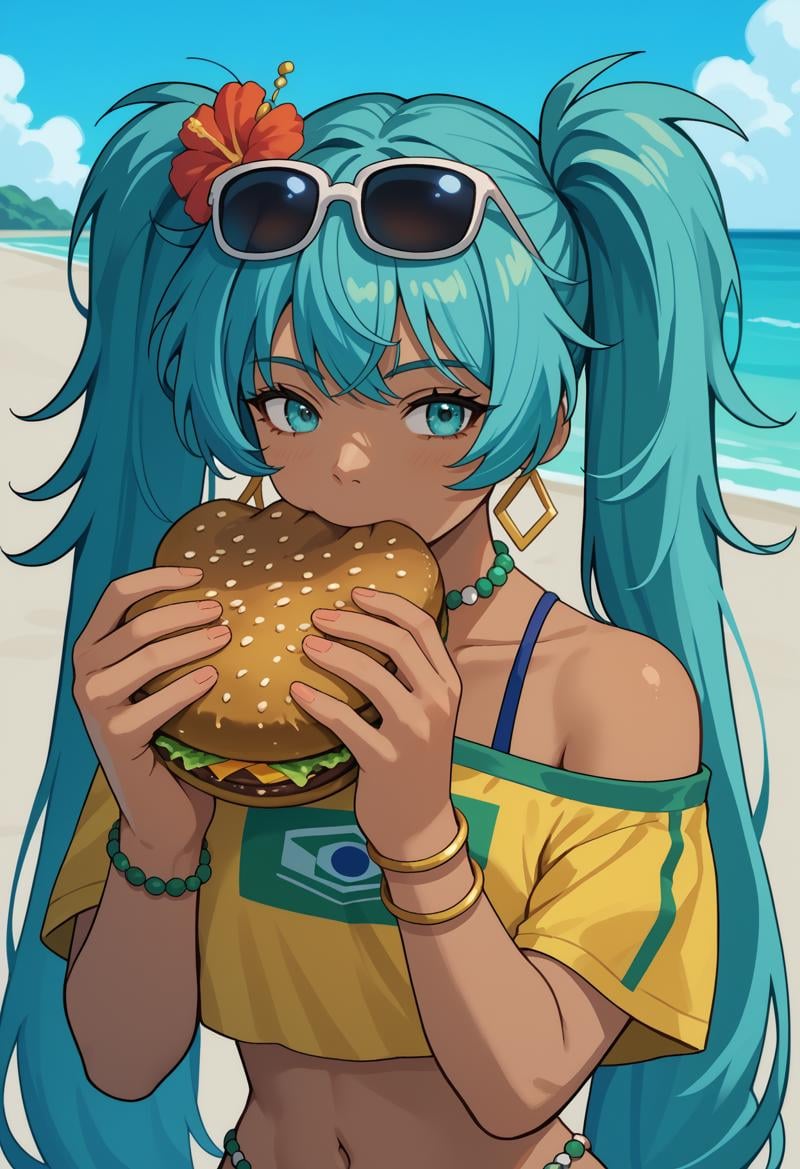 score_9, score_7_up, source_anime, jermaWhopper, eating, burger, looking at you, upper body, solo, 1girl, brazilianmiku, dark-skinned female, long hair, messy hair, twintails, hair flower, sunglasses, eyewear on head, aqua eyes, yellow shirt, cropped shirt, off-shoulder shirt, short sleeves, beads, hoop earrings, bracelet, bare shoulders, midriff, outdoors, beach<segment:yolo-face_yolov8m.pt,0.4,0.5//cid=1>