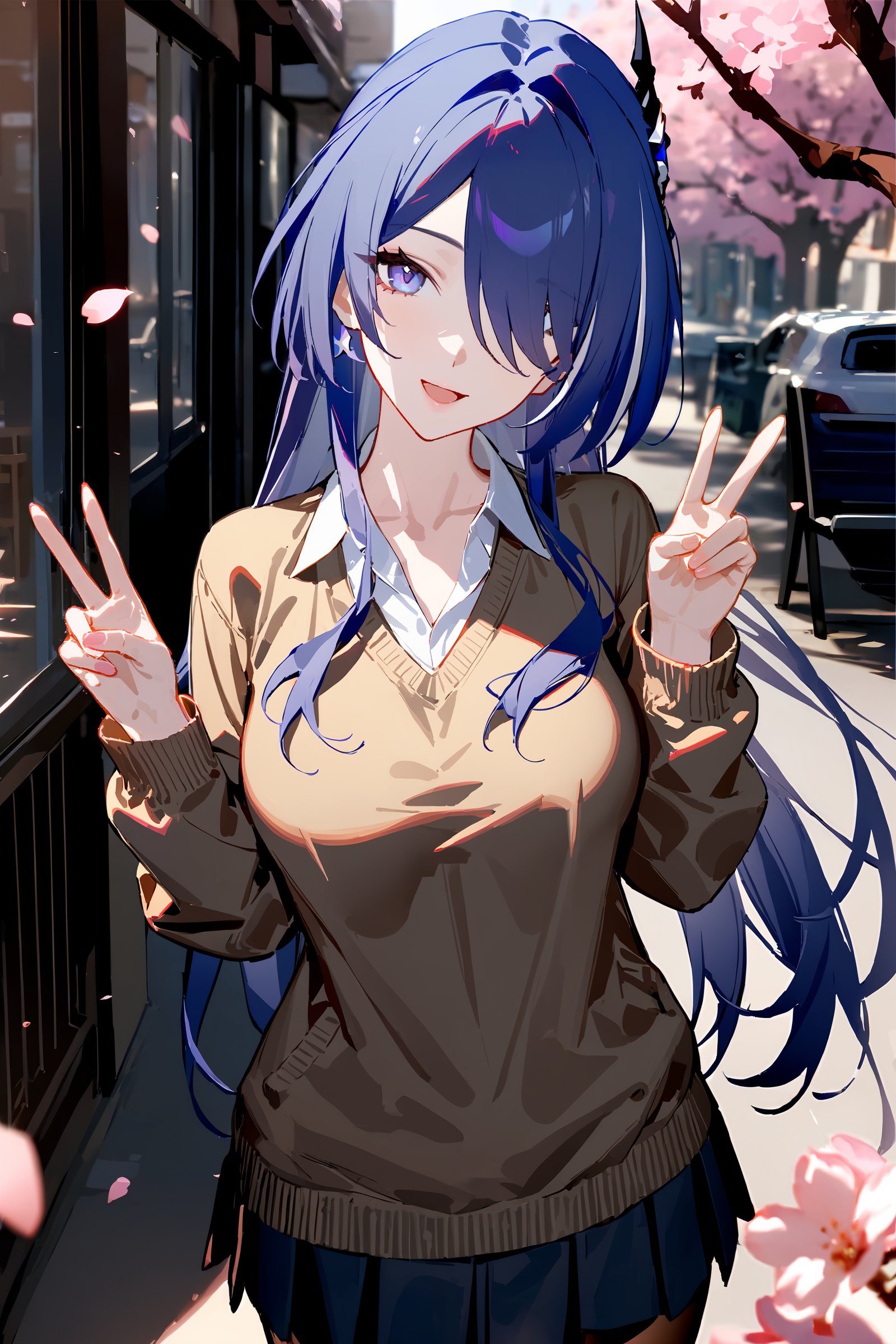 masterpiece, best quality, perfect features, intricate details, ray tracing, newest,(hitenkei, askzy:0.4), 1girl, acheron \(honkai: star rail\), solo, school uniform, white shirt, sweater, pleated skirt, pantyhose, light smile, double v, looking at viewer, smile, open mouth, outdoors, street, cherry blossoms, petals, depth of field  <lora:Char-HonkaiSR-Acheron-XL-V2:0.9>