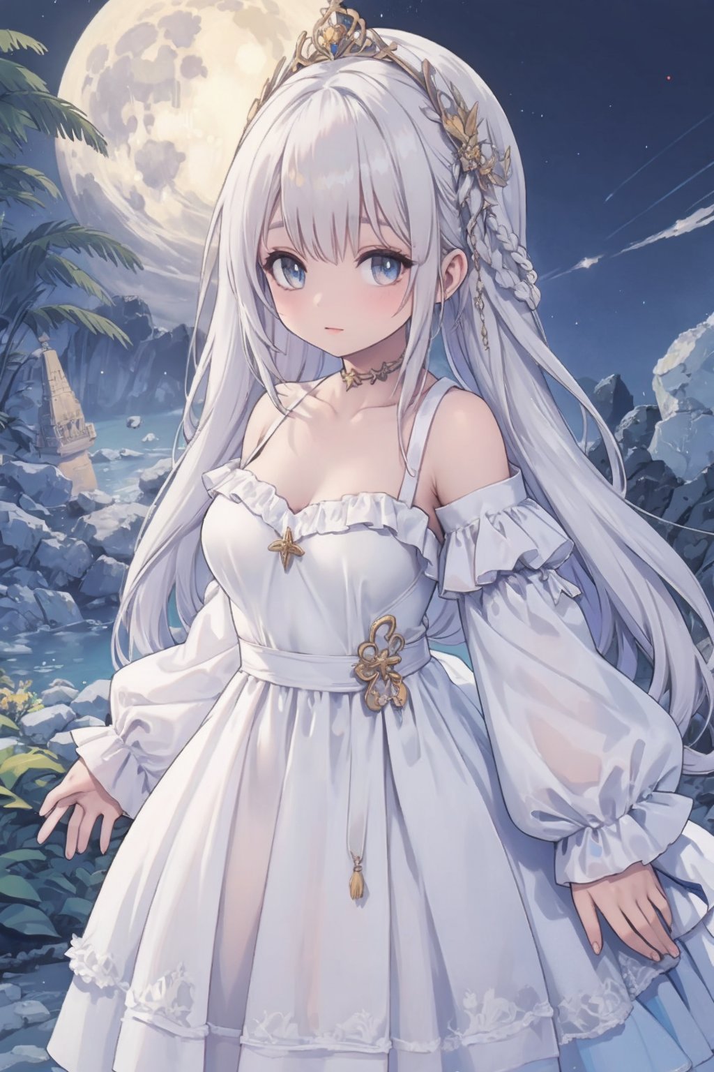 masterpiece,best quality,high quality,(colorful),[[[[Artist wlop:0.1]]]],loli,1girl,solo,moon,dress,white hair,white dress,night,long hair,long sleeves,blue eyes,looking at viewer,tiara,sky,puffy sleeves,outdoors,night sky,full moon,closed mouth,frills,collarbone,blush,breasts,choker,star (sky),shooting star,