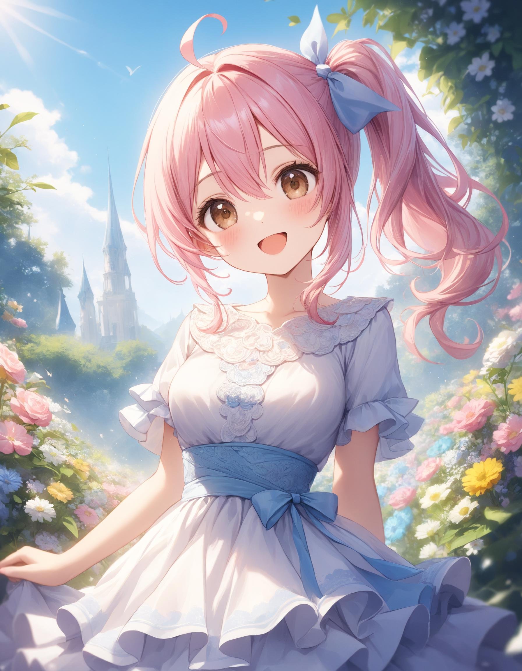 Portrait. Shooting from front. A cute girl. Round face. Detailed brown eyes. Tareme. Happy expression. :D. (Contrapposto:1.1). Head tilt. Looking at viewer. Wavy hair. (Side ponytail:1.05). Pale pink hair. Ahoge. Hair between eyes. Detailed slender body. Medium breasts. White chiffon a-line dress. Short sleeves. Flutter sleeves. (Layered skirt:1.4). Ribbon waist. Fashionable flower garden. (Blue sky view:1.1). Daytime. (Natural lighting:1.4). Aesthetic style. Cinematic style. Quality: Intricate details. Extremely detailed. Outstanding intricacies. (Masterpiece:1.2). (Best quality:1.2). (Absurdres absolutely resolution:1.4). Mood: Pastel atmosphere.