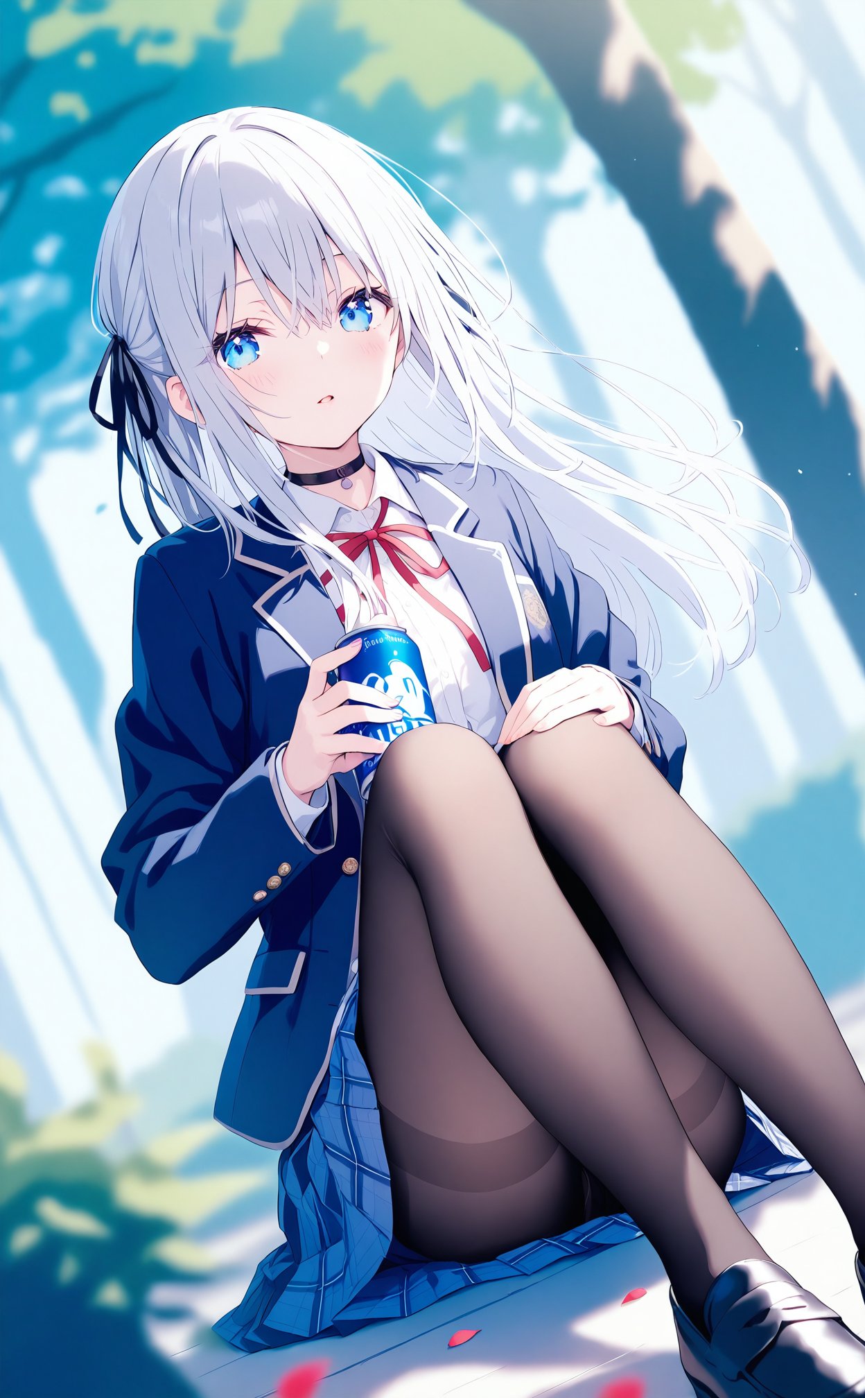 masterpiece,best quality,high quality,1girl,pantyhose,solo,long hair,black footwear,ribbon,skirt,black pantyhose,shirt,blurry,sitting,blue eyes,neck ribbon,blurry foreground,jacket,collared shirt,white shirt,long sleeves,hand on own knee,looking at viewer,red ribbon,school uniform,plaid,white hair,thighband pantyhose,depth of field,flower,parted lips,hair between eyes,blue skirt,collar,knees up,outdoors,shoes,blurry background,grey hair,hair ribbon,holding,cover image,pleated skirt,black ribbon,plaid skirt,tree,choker,dutch angle,petals,blazer,can,full body,blue jacket,sidelocks,novel cover,plant,open jacket,holding can,open clothes,