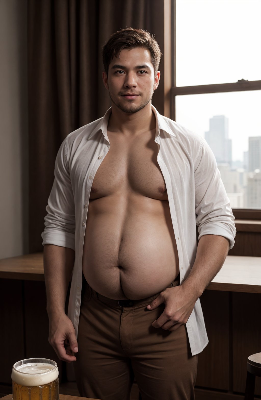 1boy, (Asian business man (unbuttoned shirt open shirt), fat belly), brown hair, red eyes, (((big beer_belly))), bangs, collarbone, open collared shirt, curtains, looking at the viewer, male focus, mole, smirk, drinking beer, necktie), solo, (brown pants), window, standing, unwinding after a hard days work, RAW, hyper detailed photorealistic life-like accurate proportional sharp focus, empty hands, (accurate cinematic lighting), photorealistic detail, (selective focus:0.6)