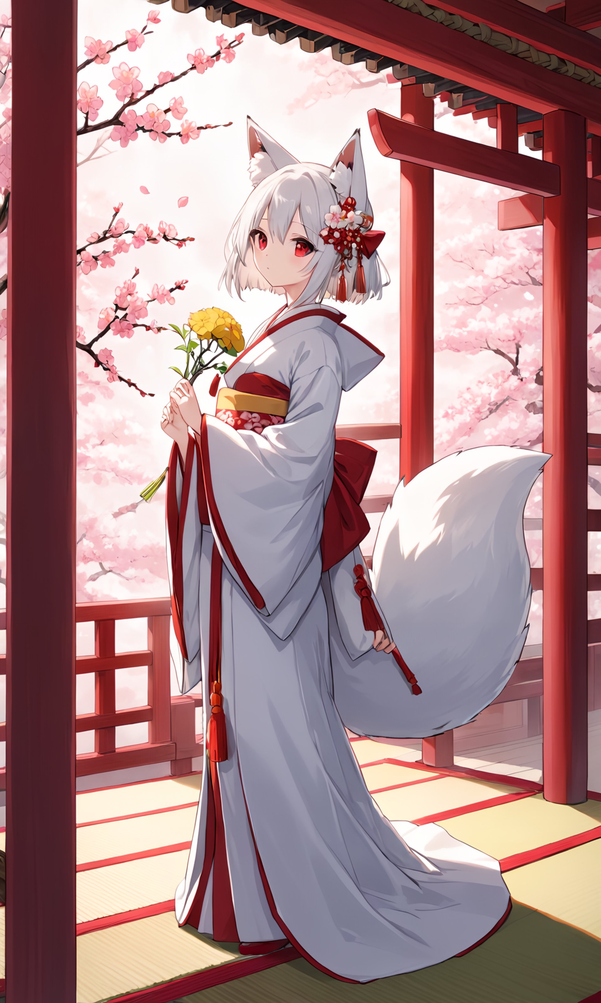 1girl tail multiple-tails animal-ears bird red-eyes fox-ears uchikake japanese-clothes veil tail flower solo fox-tail looking-at-viewer kimono white-hair fox-girl standing long-sleeves wide-sleeves indoors bangs eyebrows-visible-through-hair tatami full-body closed-mouth white-kimono bride wedding-dress red-flower bridal-veil yellow-flower holding tree floral-print hair-ornament hood see-through from-side sidelocks animal-ear-fluff animal tassel short-hair long-hair dress white-flower silver-hair ribbon hair-between-eyes railing branch cherry-blossom