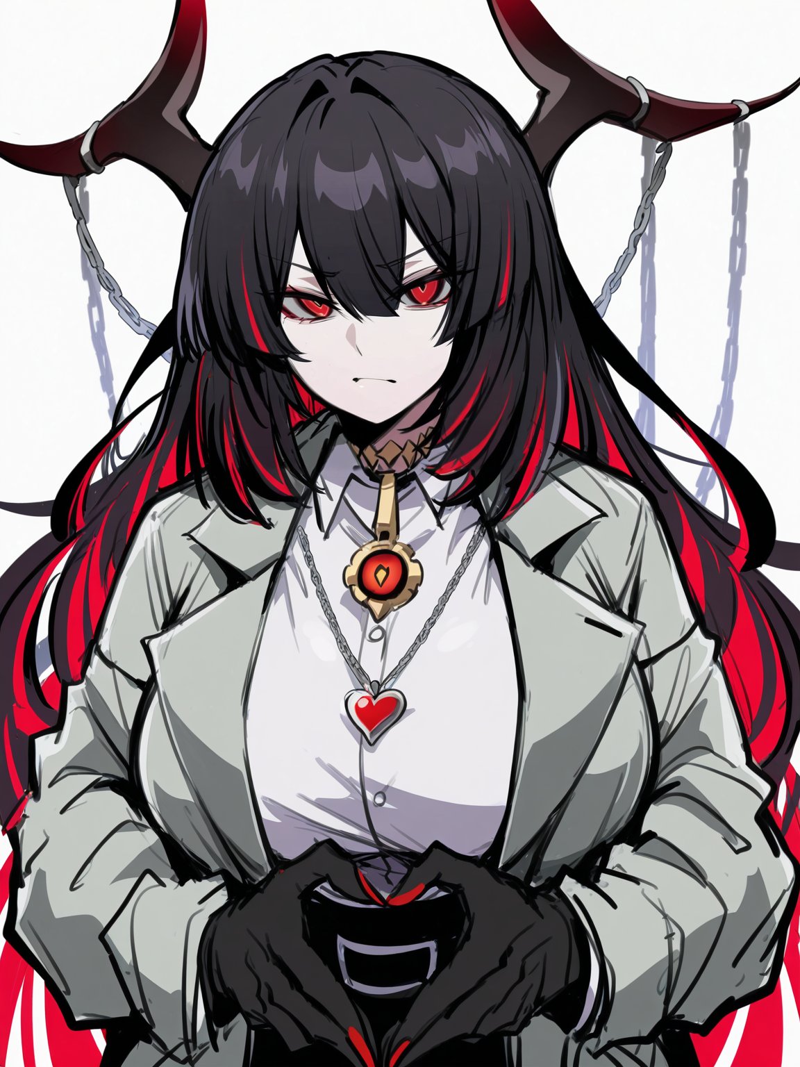 1girl alternate_costume black_hair chain colored_inner_hair demon_horns grey_jacket hands_in_pockets heart heart_necklace...