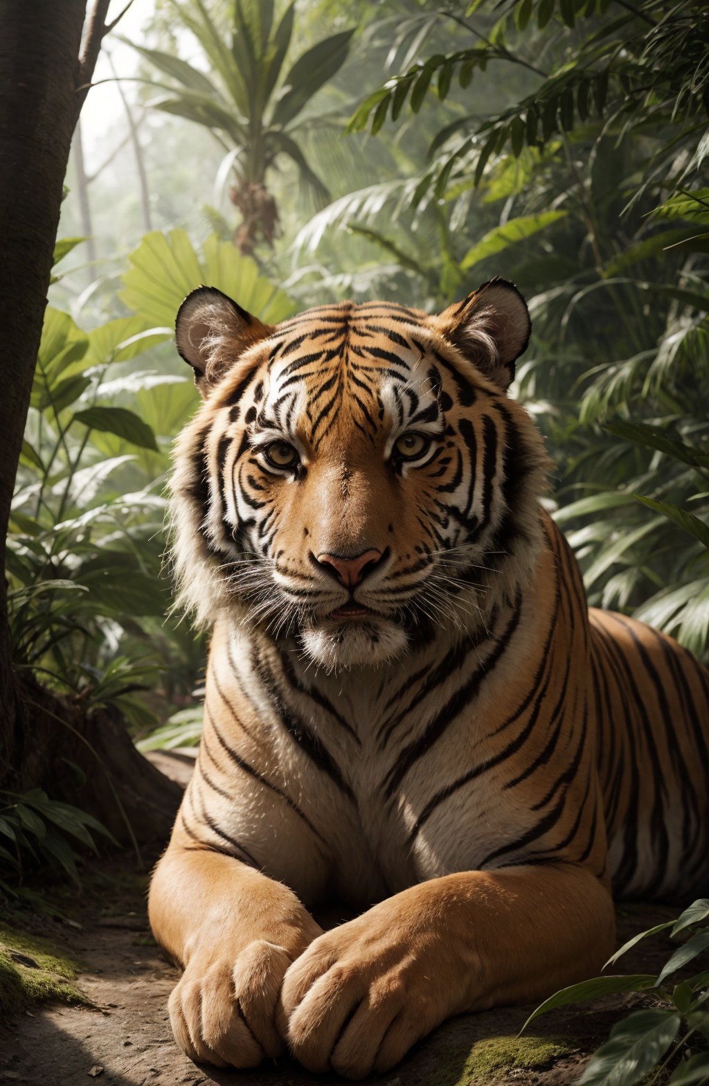 Tiger and dense jungle and dappled sunlight and eye level., RAW, hyper detailed photorealistic, life-like, accurate, proportional, sharp focus, (accurate cinematic lighting), photorealistic detail, (selective focus:0.6)