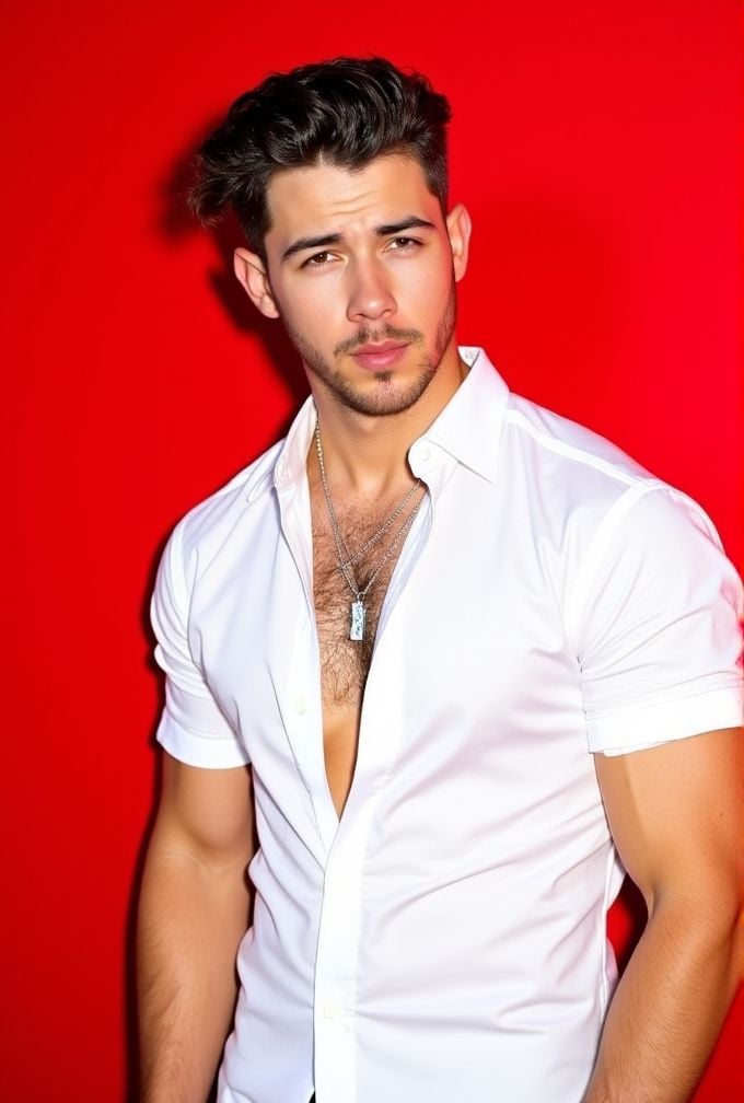Nick Jonas ,  The image is a high-resolution photograph,  standing against a solid red background. wavy hair styled to the...