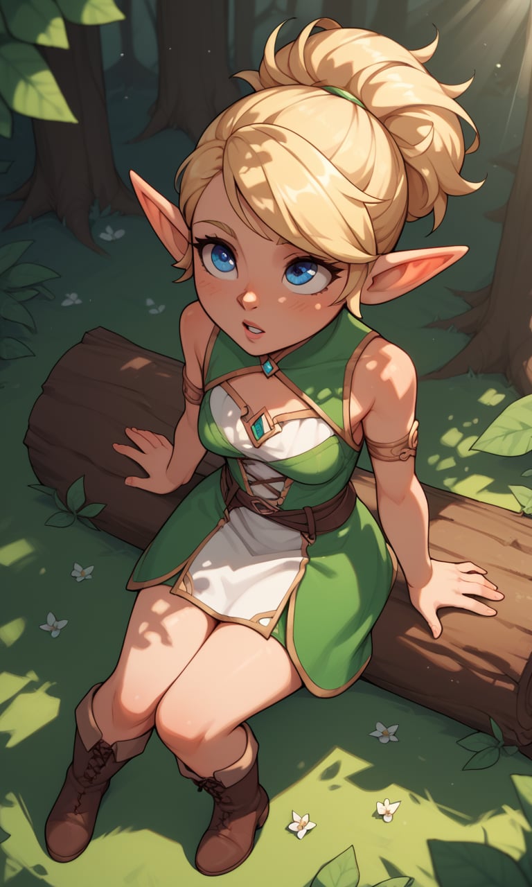 score_9, score_8_up, score_7_up, score_6_up, score_5_up, score_4_up, source_cartoon, BREAK, 1girl, solo, elf girl, elf ears, pixie, sitting on log, forest, blue eyes,from above,looking up,ground,blonde hair,(dappled sunlight)1.2,blurry,depth of field, boots,leaf