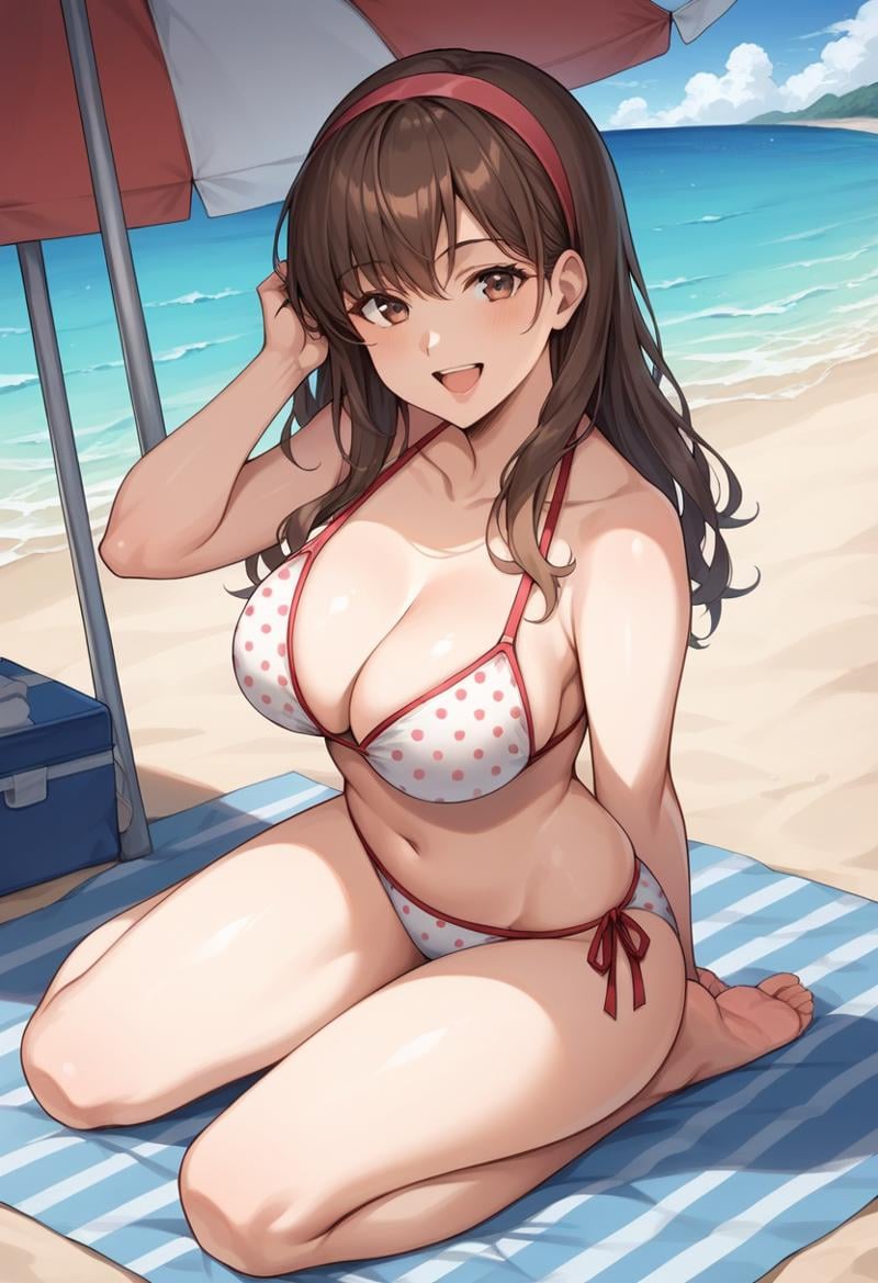 score_9, score_8_up, score_7_up, score_6_up, source_anime, BREAK masterpiece,  <lora:HitomiDOA:1>, HitomiDOA, brown hair, pink hairband, long hair,  kneeling, beach, hand on own chest, red polka dots, white bikini, seductive smile, open mouth, adjusting hair, looking at viewer, beach, beach towel, umbrella, 