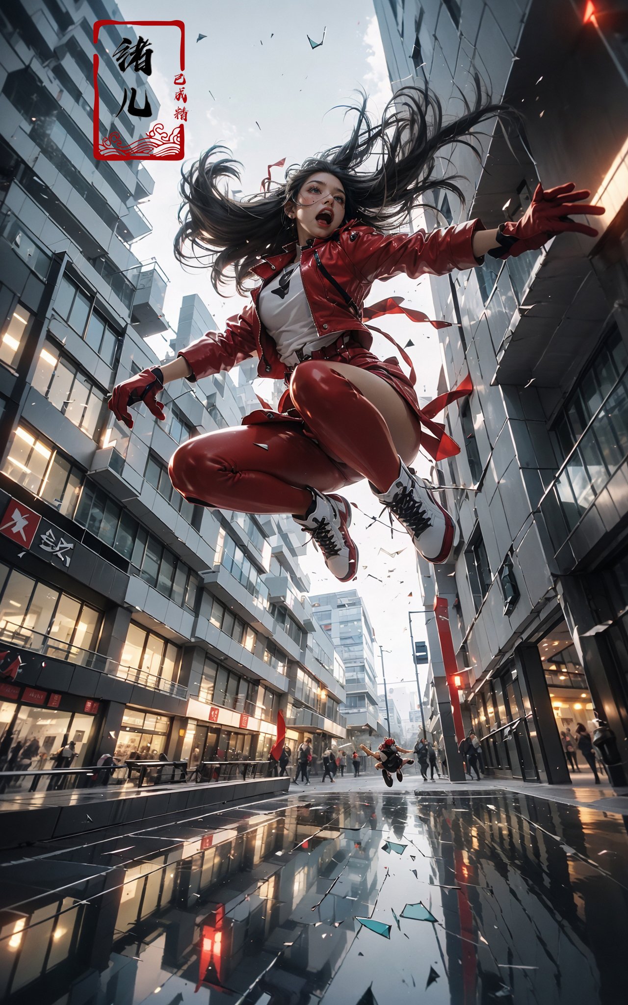 jumping，midair, (1girl, solo:1.2), open mouth, outdoors, building, (broken glass:1.1), shoes, (red gloves:1.3),Glow, reflective glass, light pollution，<lora:绪儿-跳跃构图 jumping:0.8>