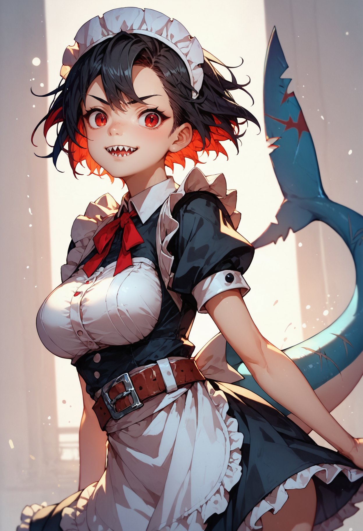 (score_9, score_8_up), score_7_up, MythAn1m3, source_anime, solo, cute girl, young, ellen-joe-zzz,red eyes,black hair,short hair,multicolored hair, maid outfit, belt, maid headress, shark tail, sharp teeth, large breasts, <lora:MythAnim3Style:0.8>