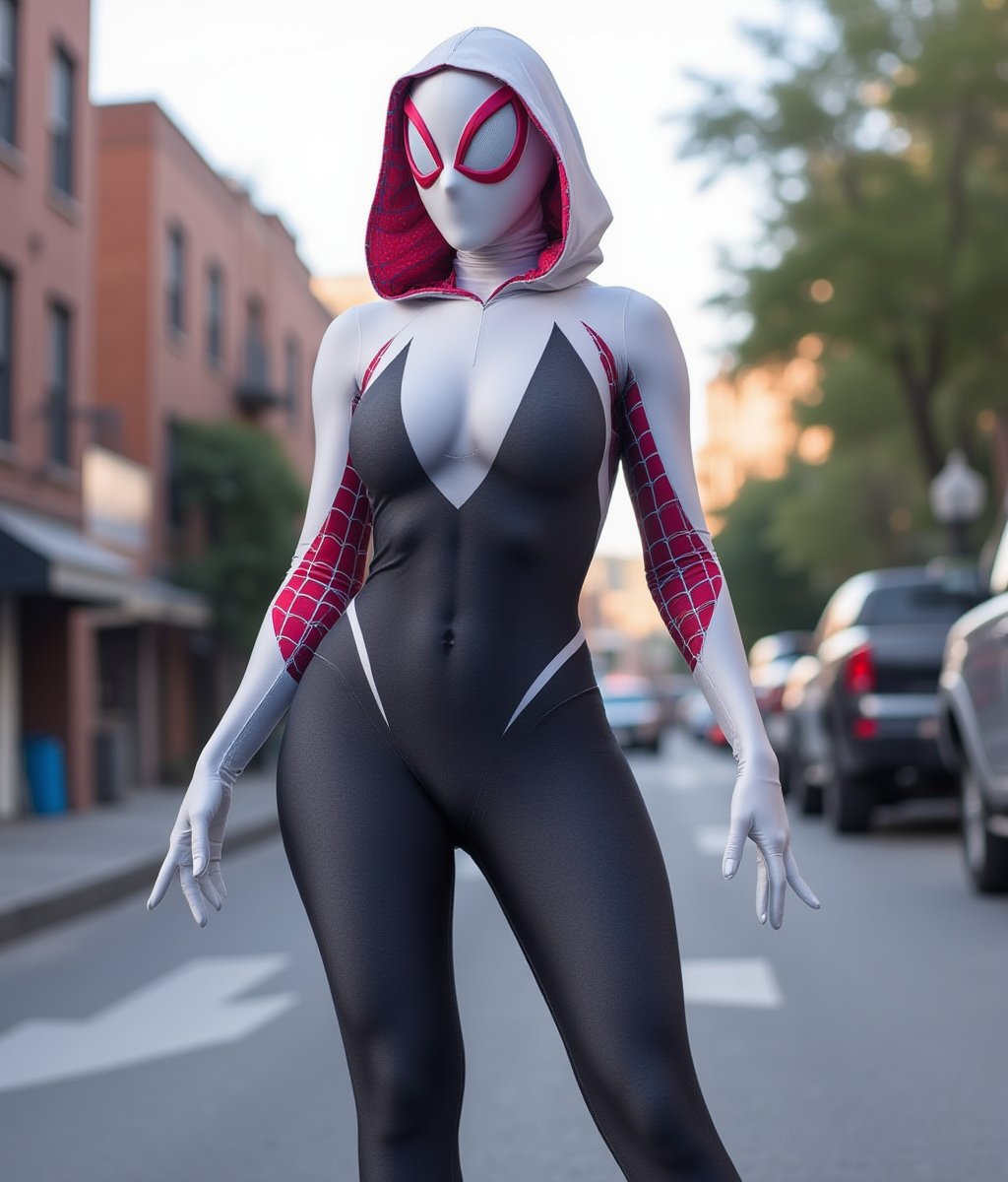 a photo of a full body SpiderGwen wears a mask and hood. She stands in the street. <lora:SpiderGwen:0.9>