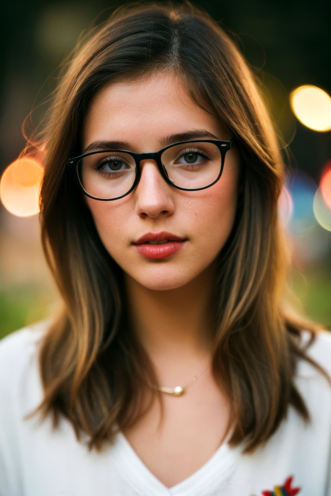 a beautiful 23-year-old woman, light brunette, close-up, girl next door, baggy clothes, makeup, lips, glasses, night, messy hair, film grain, retro, (bokeh:1.3), Porta 160 color, shot on ARRI ALEXA 65, sharp focus on subject, Fujifilm XT-3