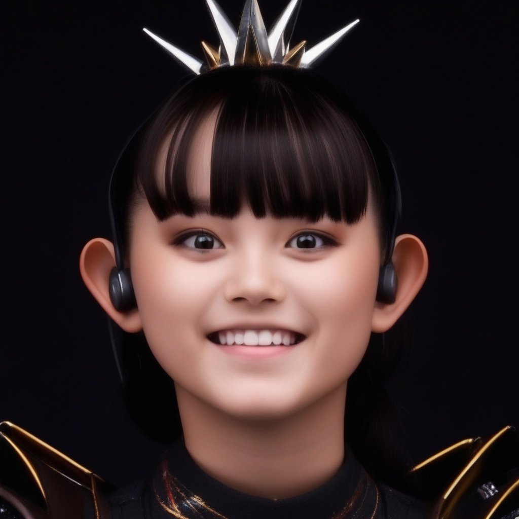 microphone, black eyes, parted lips, indoors, earbuds, crown, freckles, teeth, long hair, 1girl, long sleeves, black background, simple background, brown hair, shirt, sumetal, brown eyes, closed mouth, black hair, upper body, smile, looking at viewer