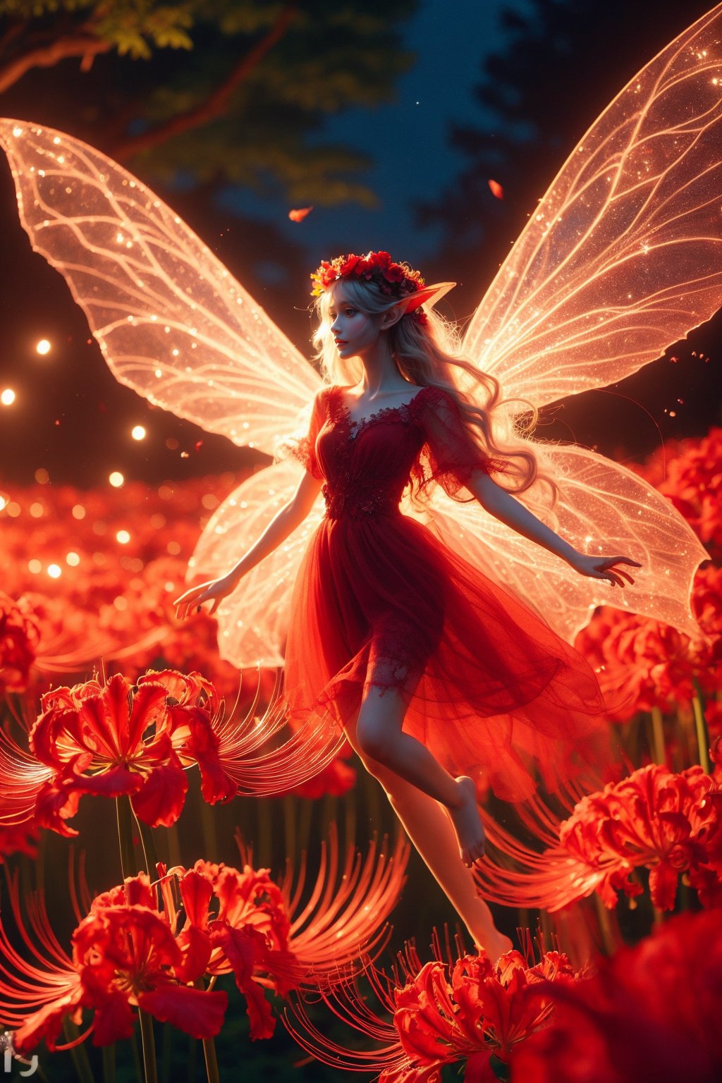 red_lycoris, 1girl, flower, solo, long hair, wings, red flower, pointy ears, dress, barefoot, hair flower, fairy, nature, hair ornament, tree, red dress, blurry, forest, head wreath, glowing, very long hair, outdoors, depth of field, fairy wings, <lora:精灵1:0.85>