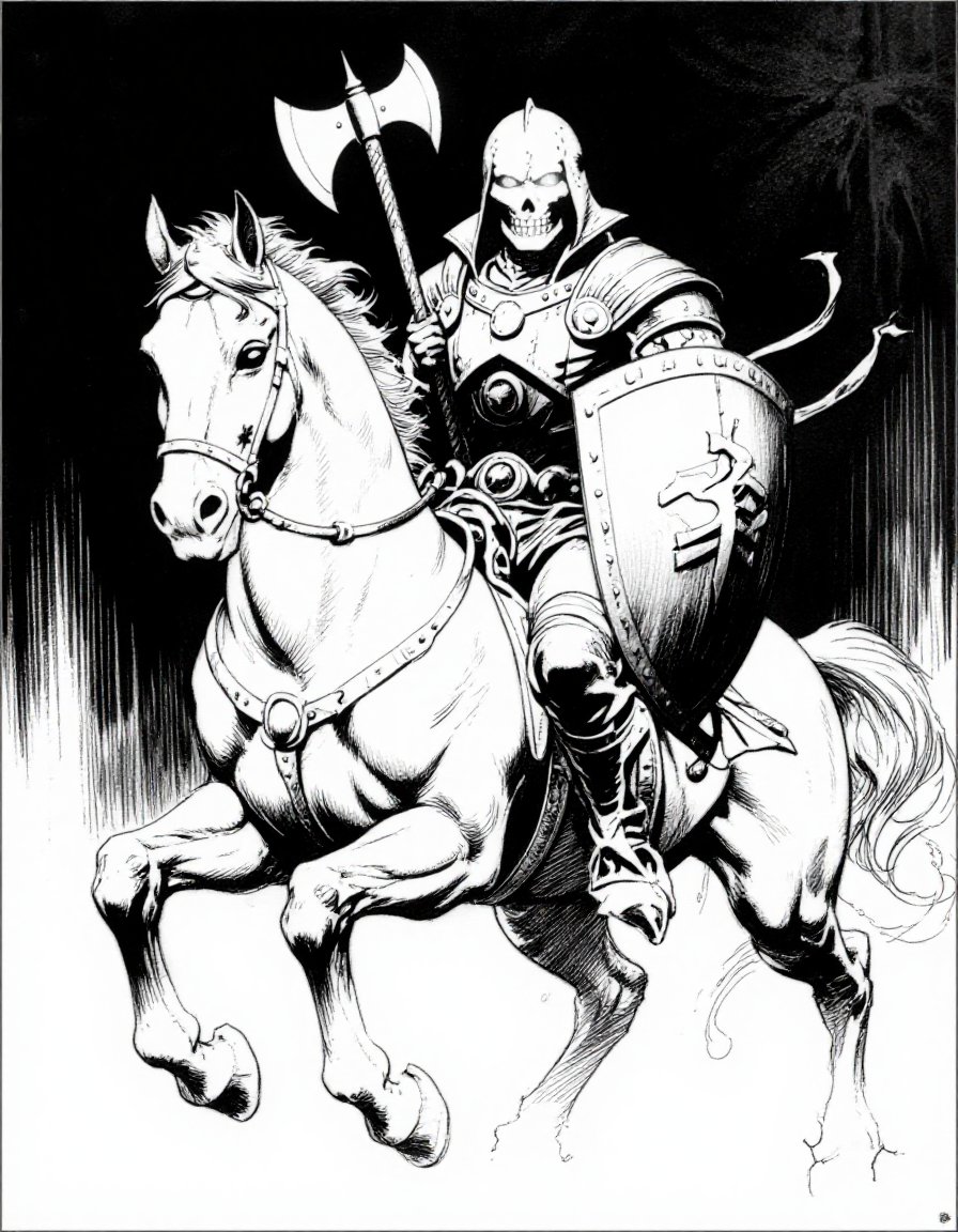 z_frazetta_ink,  death dealer style figure on a horse,  glowing eyes by inknoir on Tensor.Art