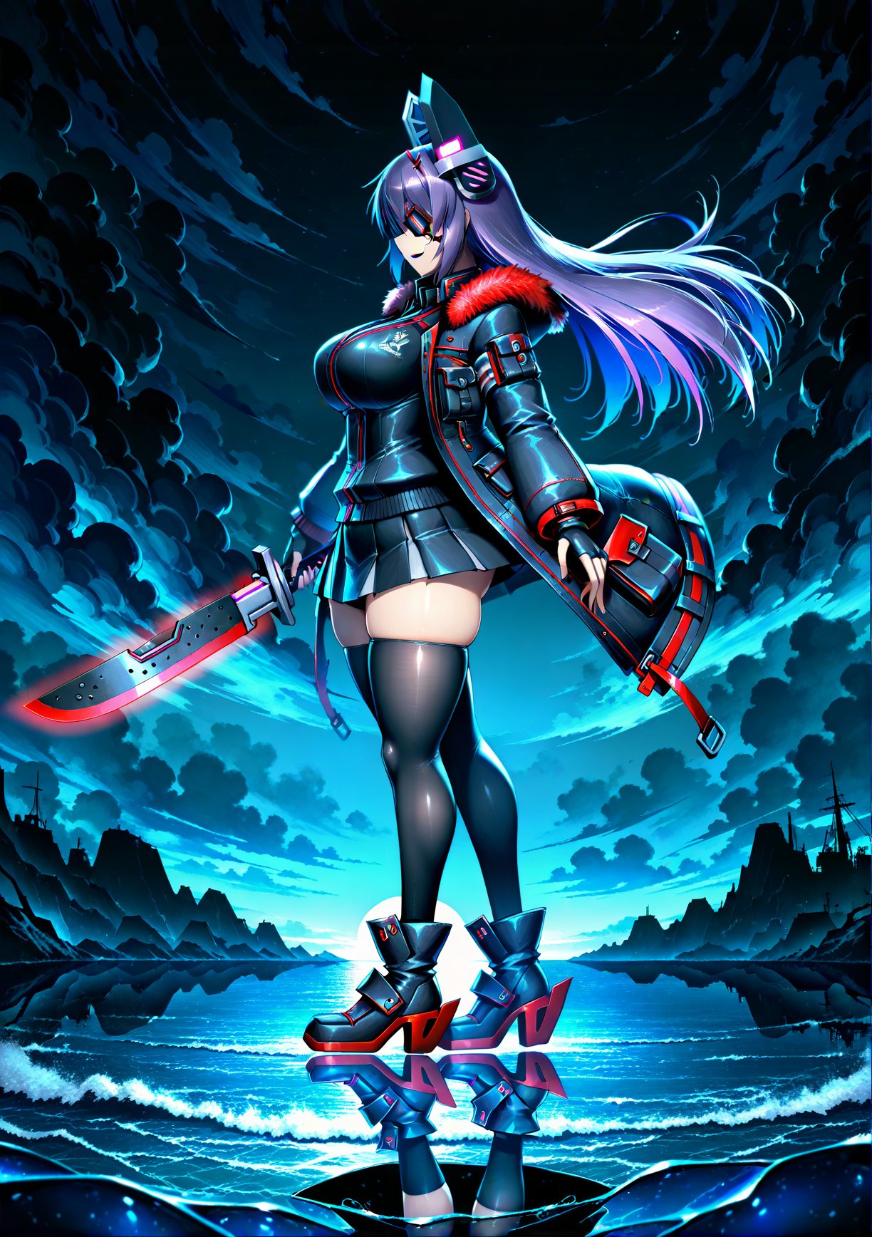 A poetic under water death scene of tenryuu full body shot in a wide angle lense drifing downwards peacefully in a vast ex...