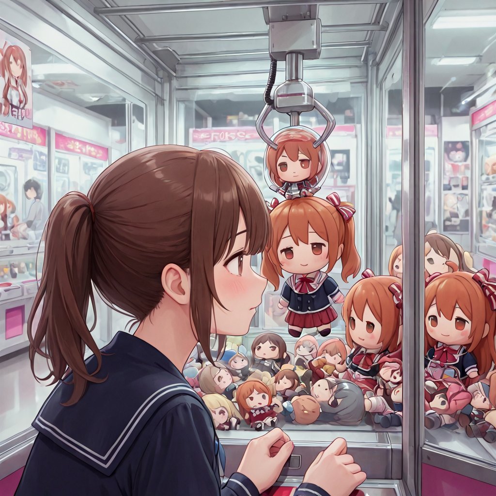 in crane game,  1girl,  hanging chibi doll by yy on Tensor.Art