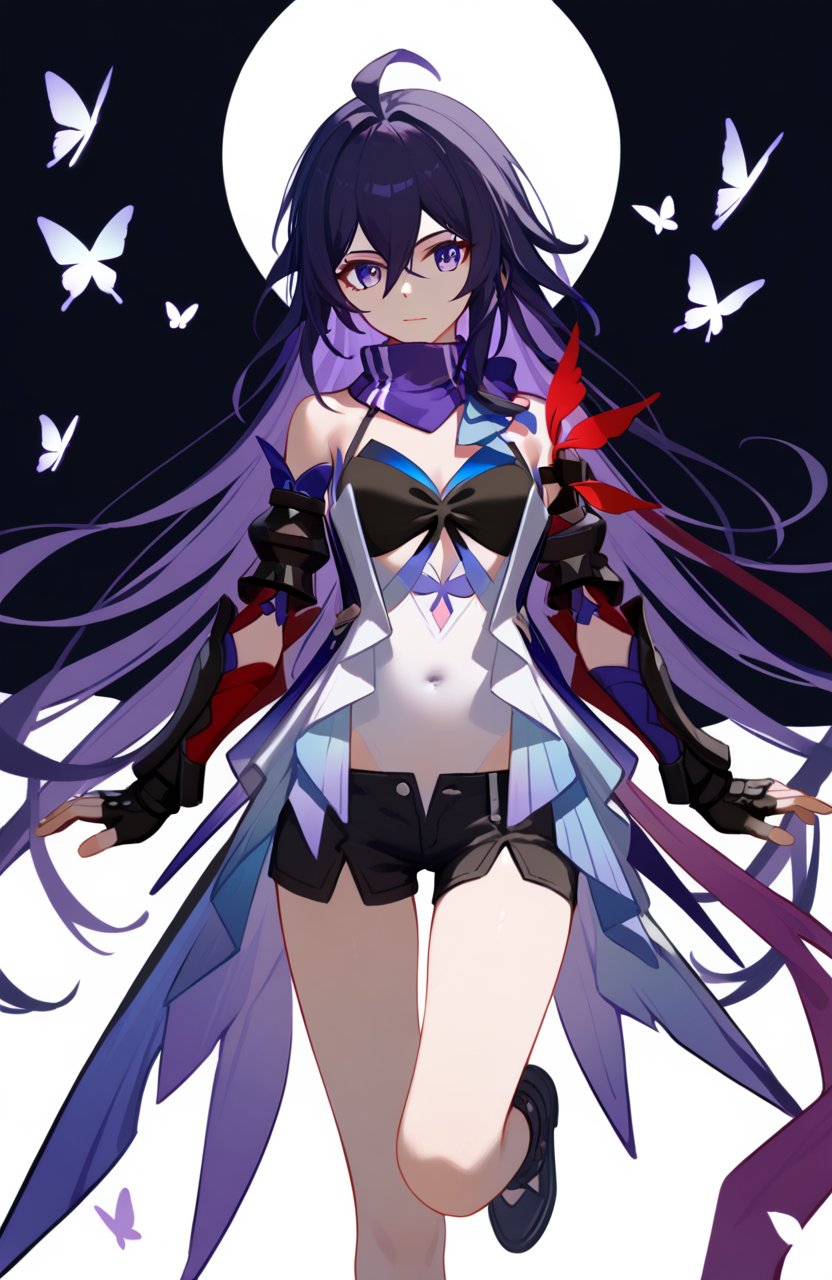 <lora:星铁希儿2pony:1>,seele (honkai: star rail),a girl named seele (honkai: star rail),1girl,solo,looking at viewer,bare shoulders,purple scarf,black shorts,covered navel,short shorts,black gloves,detached sleeves,fingerless gloves,black footwear,scarf,butterfly,, (score_9,score_8_up,score_7_up),(masterpiece,best quality,high quality:1.2),absurdres, prefect lighting, very aesthetic, anime BREAK