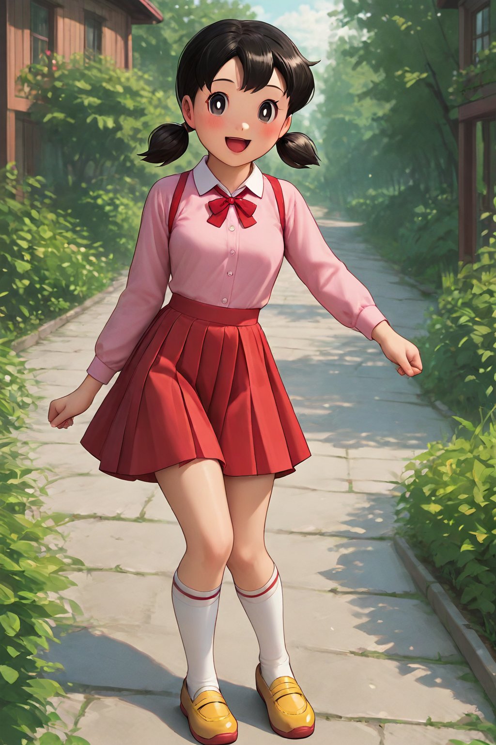 score_9, score_8_up, score_7_up, score_6_up, score_5_up, score_4_up, source_anime,minamoto shizuka,1girl, solo, skirt, outdoors, black hair, socks, white socks, twintails, red skirt, shoes, smile, shirt, open mouth, black eyes, pink shirt, looking at viewer, short twintails, kneehighs, collared shirt, long sleeves, :d, day, bright pupils, white pupils, house, low twintails, short hair, running, yellow footwear, blush, masterpiece, perfect face, best quality, beautiful girl, cute girl, beautiful eyes, shiny eyes, anime coloring, anime screencap, absurdres, outdoors,<lora:minamoto shizuka duck 907:0.8>