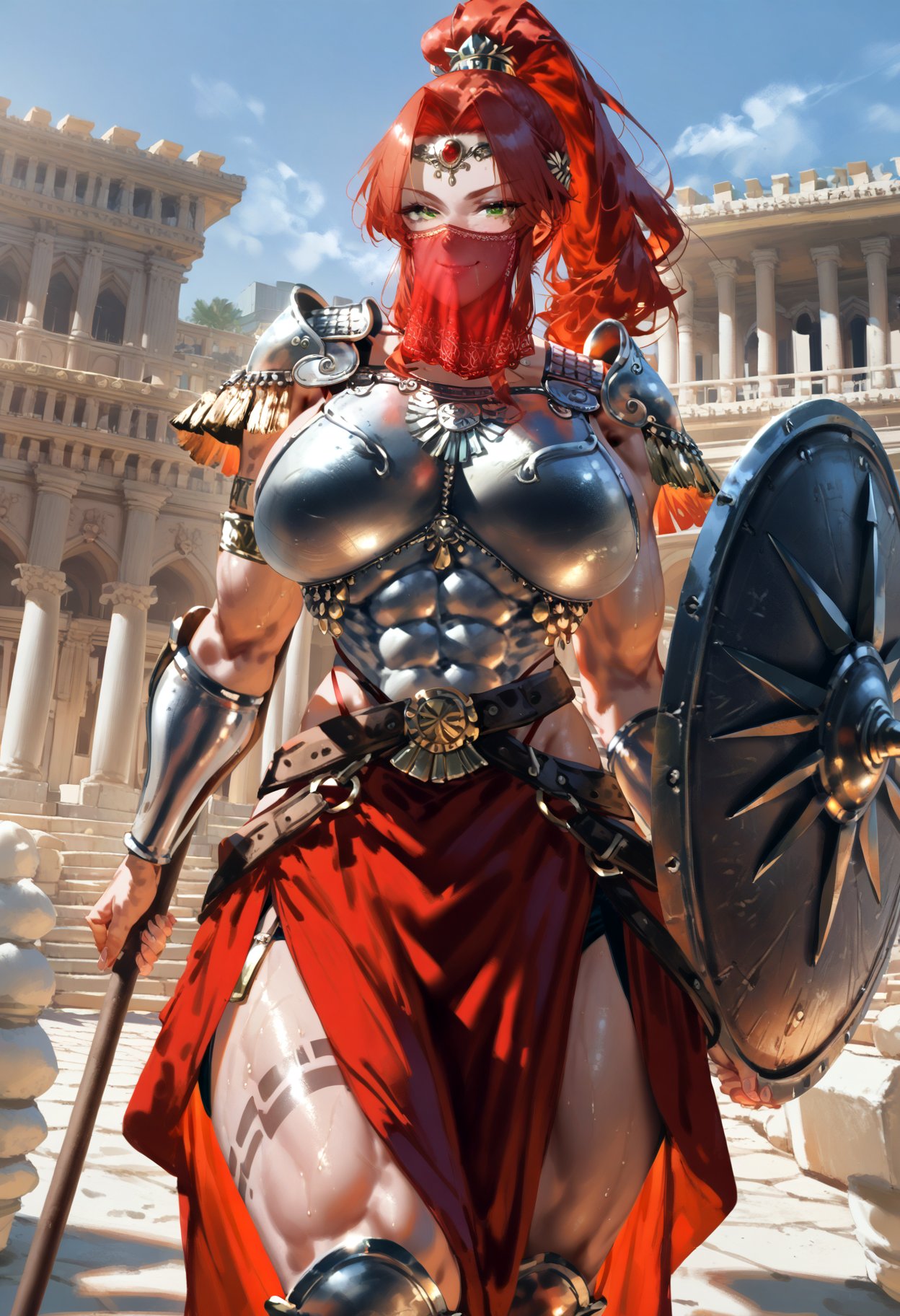 score_9, score_8_up, score_7_up, 1girl, ancient greek clothes, full armor, bronze armor, (muscle cuirass, breastplate), hoplite, shoulder armor, greaves, greek armor, tattoo, mouth veil, skirt, toned, sweat, naughty face, amazon warrior, red hair, green eyes, circlet, headdress, neck armor, temple, (covered abs:1.1), ponytail, large breasts, <lora:Female Muscle Cuirass [398072]:0.6> holding spear,  wearing shield,