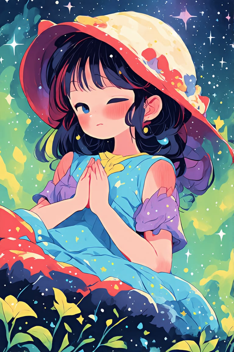 cartoon wind,1 a lovely and beautiful girl,dressed in a light dress,lying in the center of the universe,lens-oriented,beautiful eyes reflected in the bright starry sky,she put her hands on her chest,do a prayer,beautiful posture,character scale slightly reduced,to enhance the sense of atmosphere of the picture,surrounded by rich colors,colorful stars and magnificent nebula,including red,blue long upper shan,purple,yellow and green,delicate light and soft colors in the style of shinkai makoto,add epic atmosphere,hd 4k screen,rich in details,showing a fantastic atmosphere,the stars twinkle,light and shadow staggered,create 1 kind of peaceful and mysterious cosmic scene,the overall picture is like a dream,full of romance and imagination,at the same time with a sense of epic grandeur,