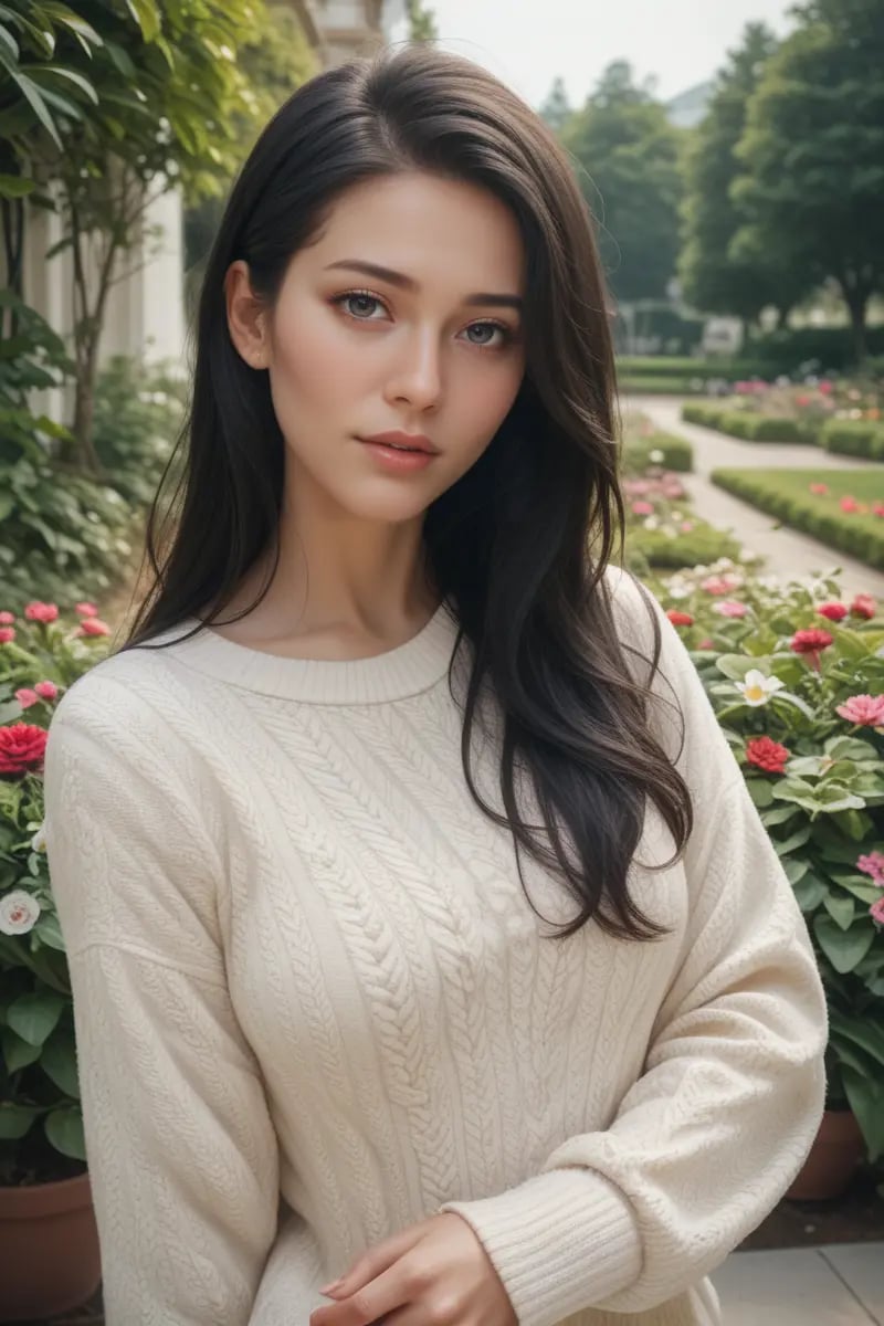 score_9,score_8_up,score_7_up, 20 years old, 8k, hd, beautiful girl, black hair, long hair,1girl, beautiful woman's face, sweater, outdoors, flower garden, cinematic light, looking at viewer, upper body,