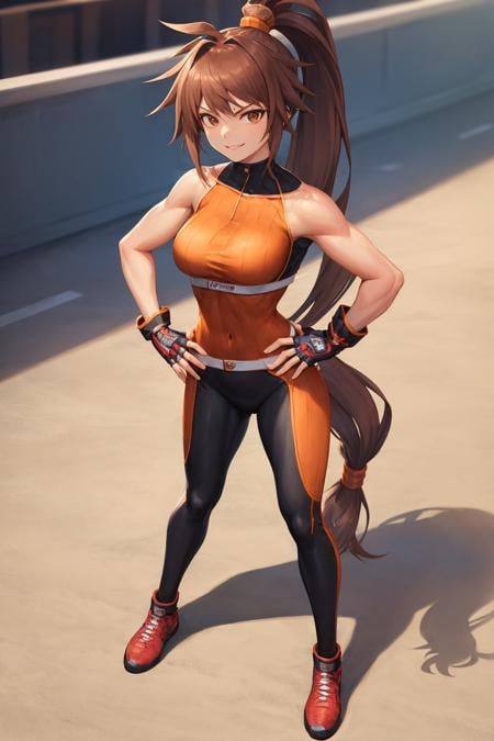 masterpiece, best quality, dnfstriker, ponytail, orange shirt, black leggings, toned body, fingerless gloves, black leggings, orange shoes, standing, hands to hips, looking at viewer, from above, smile, sports stadium, forced perspective <lora:striker-nvwls-v2-000010:0.9>