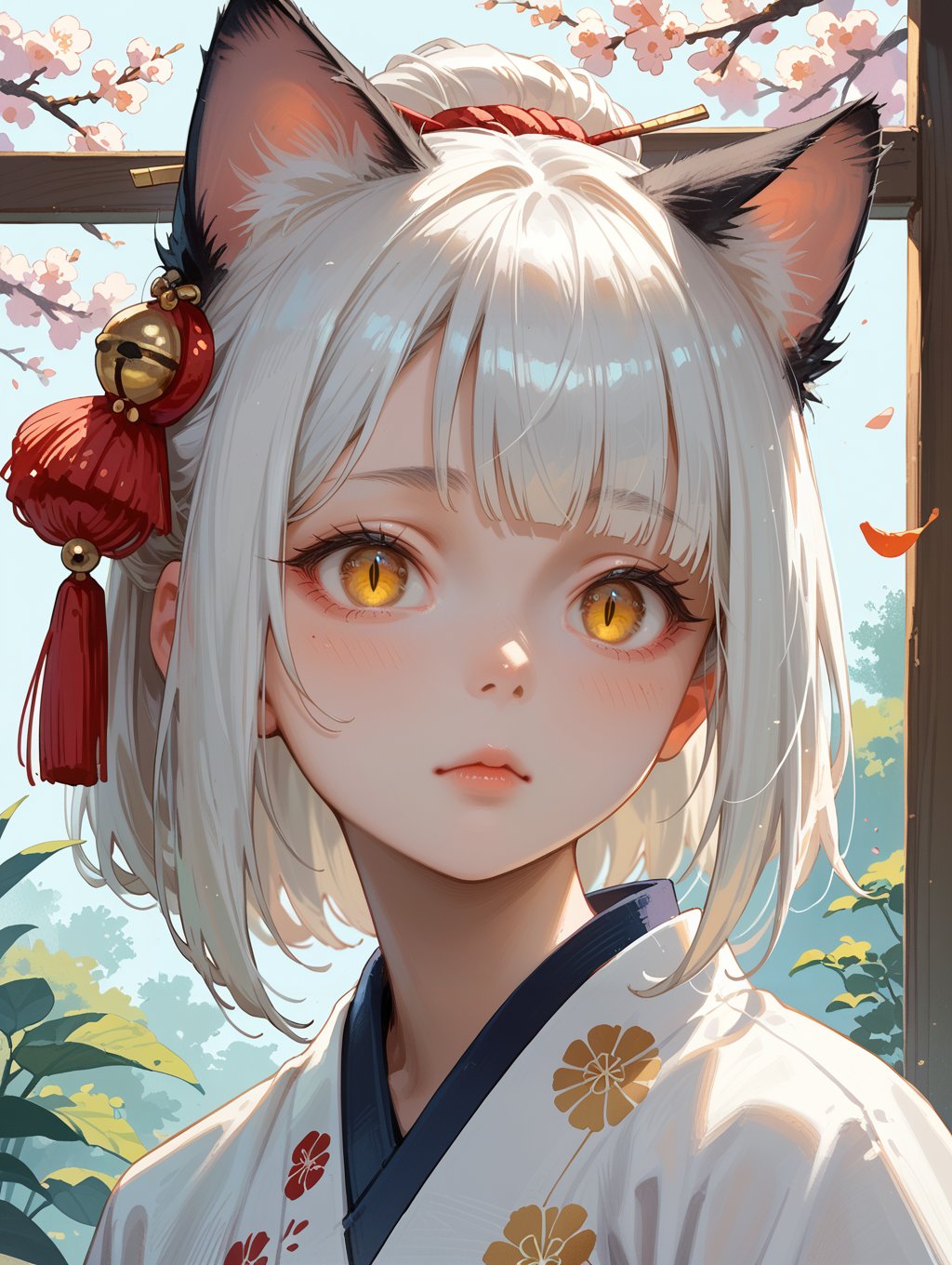 score_9, score_8_up, score_7_up,Japanese art style,1girl, solo, catgirl, cat ears, white hair, bangs pinned up, golden eyes, vertical pupils, pale skin, 😒