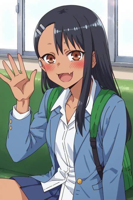 score_9, score_8_up, score_7_up, source_anime, <lora:nagatoro-multi-outfit_epoch_8:1> nagatoro hayase, outfit-school-jacket, shirt, bag, blush, school uniform, solo, black hair, 1girl, backpack, hairclip, hair ornament, long hair, brown eyes, jacket, couch, on couch, sitting, waving, happy, looking at viewer, fang, 