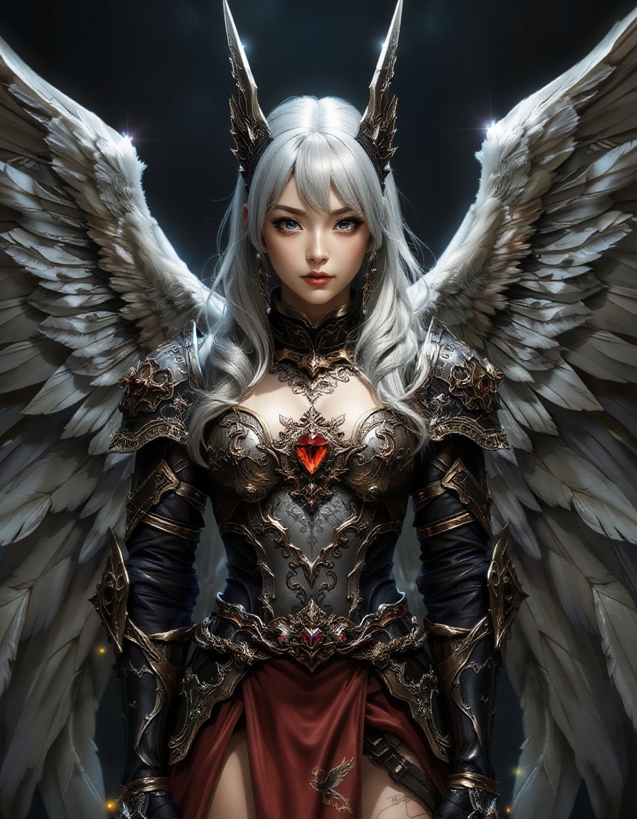 masterpieces, best quality, highresa J-POP girl in standing along, solo, blue eyes, sliver hair, full body, wings down,which is positioned vertically, wearing a costume,tattoo on the breasts, tattoo cleavage, (tattoo),action to viewer, cloudy theme,helmet, spark armor, extreme detailed ornate armor,diamond girdle, gemstone choker, skinny tattoo, flora tattoo, magnificent, gorgeous, luxurious, ornaments, spot light, dark seamless background, dark theme, high key light, rim light, spark holy light reflection,holy armor,<lora:hinaFluxFantasyArmorMix-schnell_v1-rev1:0.9> <lora:hinaFluxAsianMixLora-schnell_v1:0.6>