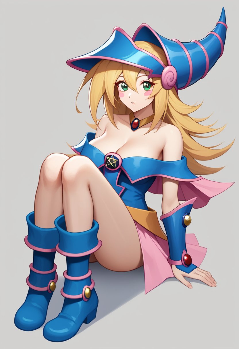 score_9,score_8_up,score_7_up,<lora:dark_magician_girl_pony:1>,1girl, bare_shoulders, blonde_hair, blue_footwear, blue_gloves, blue_hat, blush_stickers, boots, cleavage, commentary_request, dark_magician_girl, eyelashes, green_eyes, grey_background, hair_between_eyes, knees, long_hair, parted_lips, red_gemstone, sitting, solo