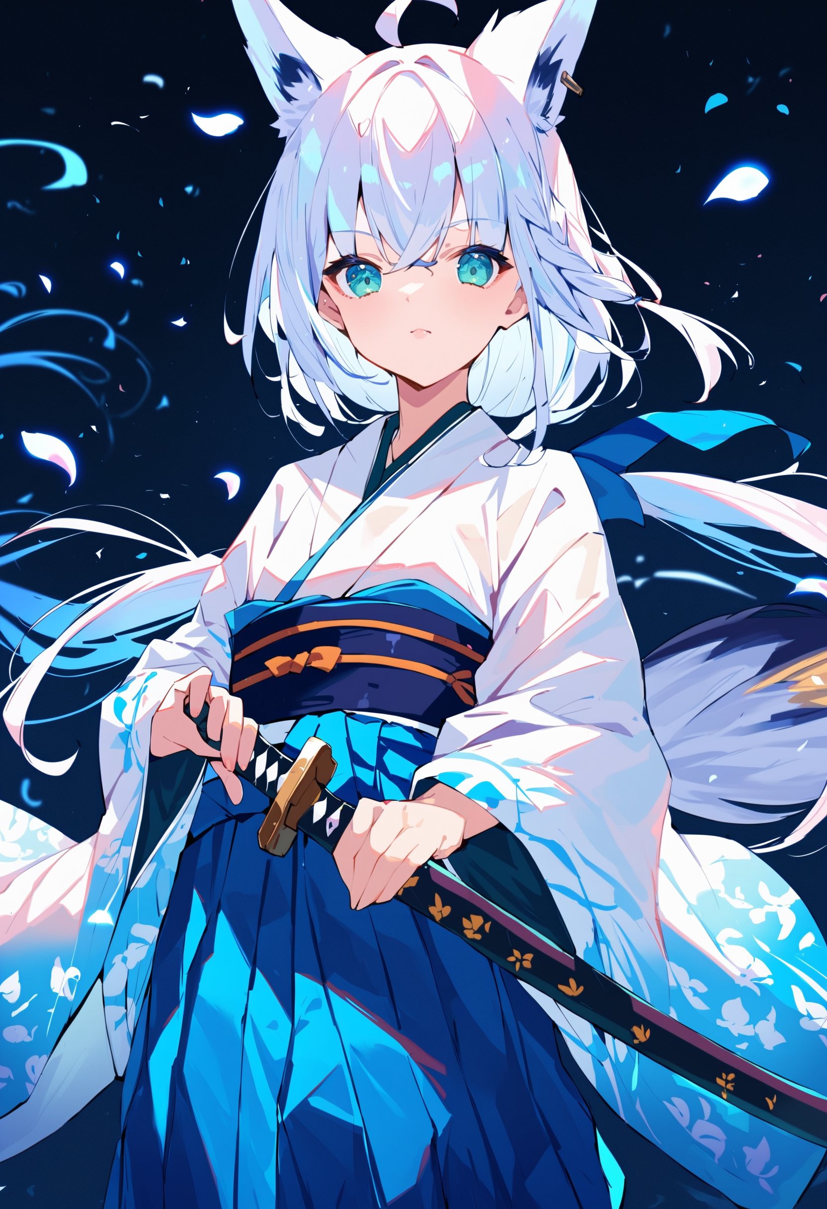 score_9, score_8_up, score_7_up, score_6_up, source anime,shirakami fubuki, 1girl, weapon, sword, japanese clothes, solo, long hair, holding, kimono, katana, holding weapon, holding sword, hakama, fox tail, blue hakama, hakama skirt, white kimono, skirt, looking at viewer, wide sleeves, obi, petals<lora:shirakami_fubuki_v2:1>