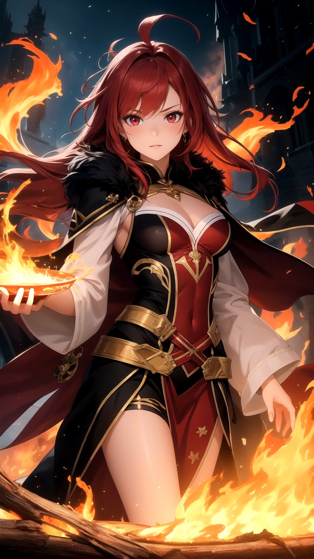 (masterpiece, best quality), 1girl, red hair, red eyes, fantasy, flames, burning, scenery, magic, light particle, messy hair,