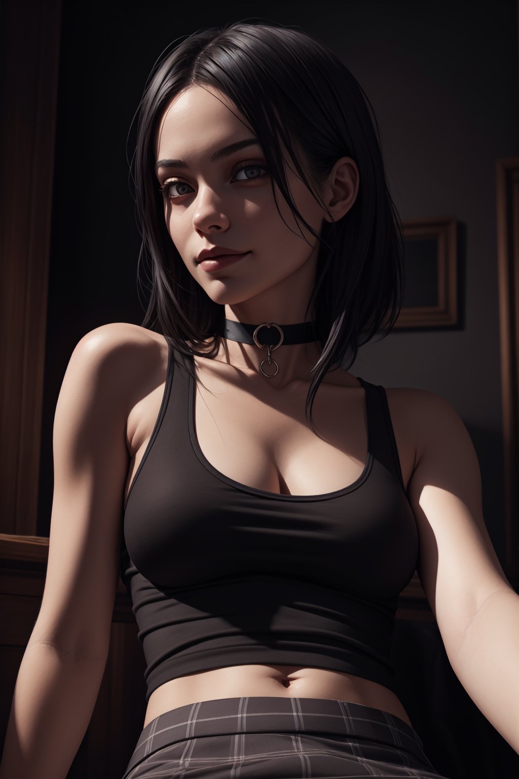 sumptuously detailed painting, goth girl, (unconventional black hair), black tank top, black plaid skirt, black choker, smirking, flirty pose, flesh details, accurate flesh composition, extremely detailed background, extremely detailed face capturing every feature, dark, insane detail, meticulous detail, exaggerated realism, dark, macabre, decay, corruption, pale lighting, unearthly lighting, hyperrealism, eerie