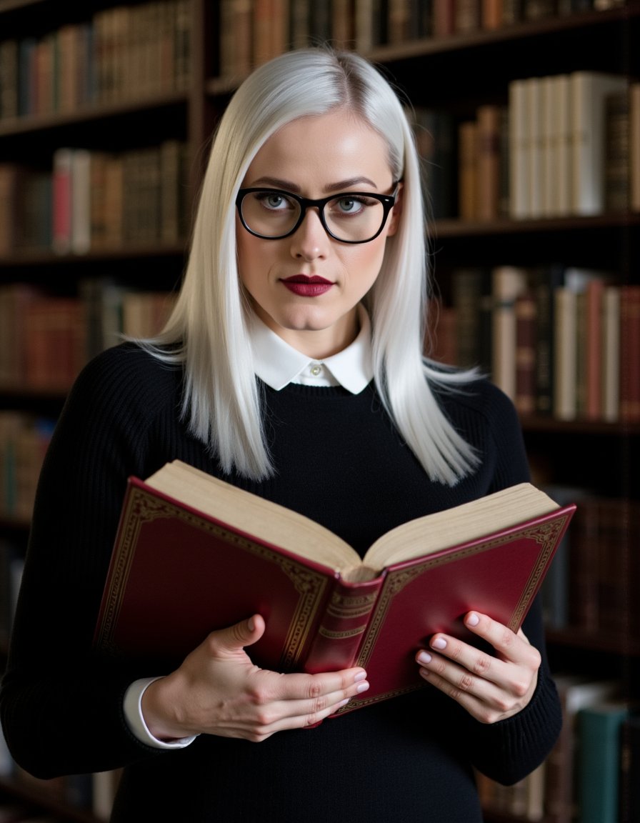8k hdr. straight white hair with dark roots that falls just past her shoulders,  and is styled in a sleek,  straight manne...