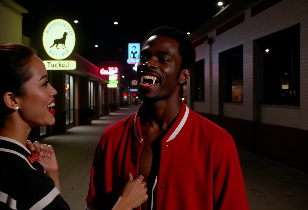 Vampyfangs1. a film still photo. 35mm. 4k. From a 2003 movie. a black Jamaican vampire and is showing off his fangs, he is walking down a street by some local bars, wearing a red bowling shirt. Talking to an Asian or Blonde waitress.  Night. Noir.