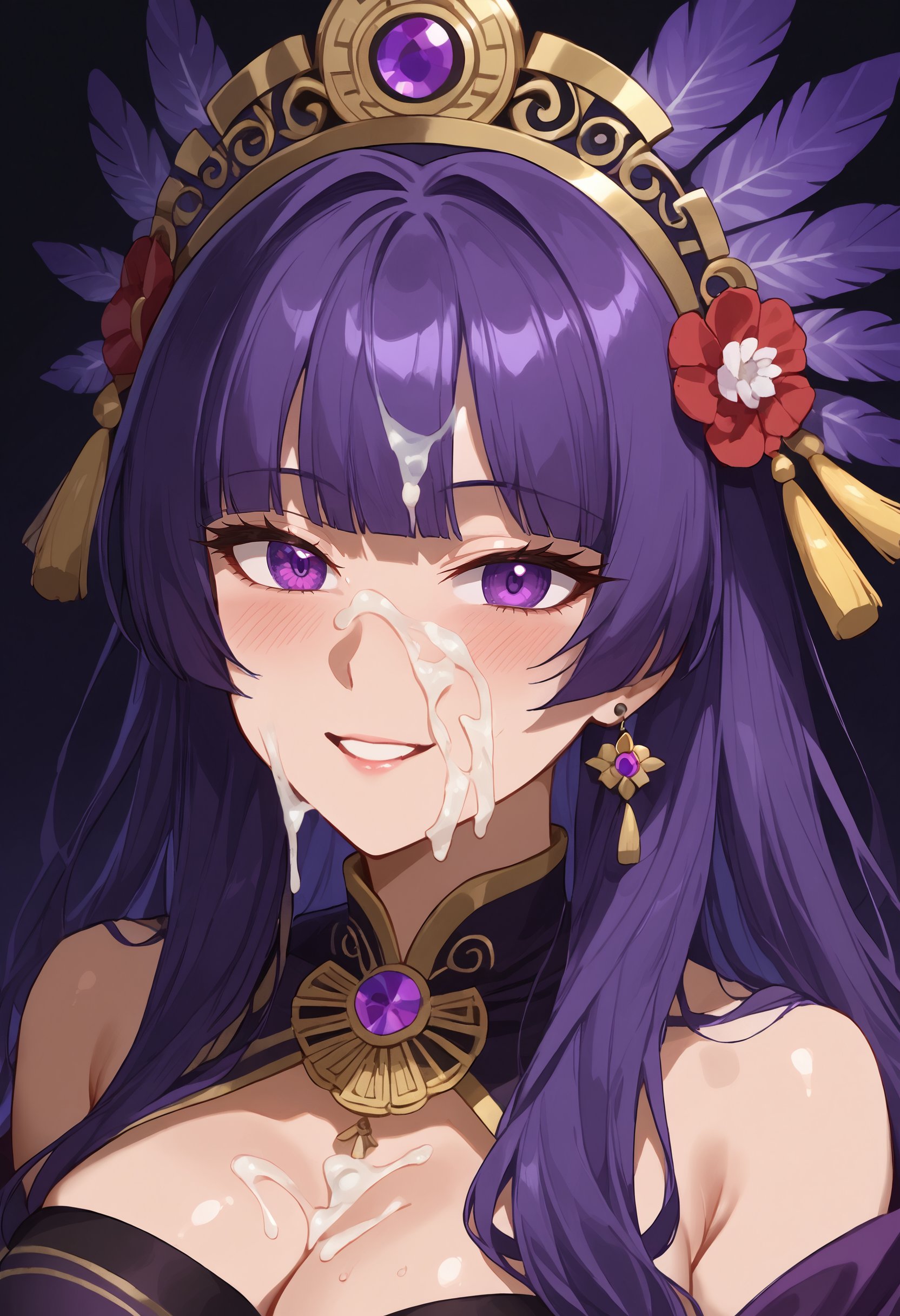 (cum on face), A mesmerizing digital portrait of a charismatic woman with piercing violet eyes, adorned in an ornate headdress, surrounded by vibrant blossoms and delicate feathers