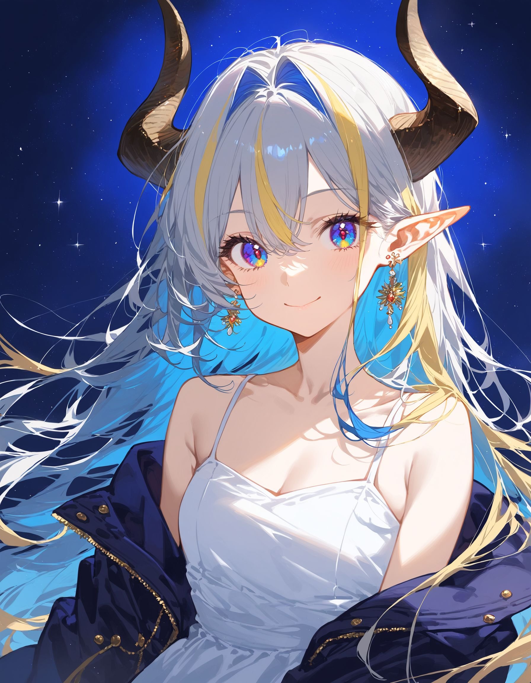 1girl, solo, long hair, looking at viewer, smile, bangs, blue eyes, blonde hair, white background, dress, hair between eyes, bare shoulders, jewelry, very long hair, closed mouth, blue hair, jacket, upper body, white hair, grey hair, multicolored hair, earrings, horns, pointy ears, off shoulder, white dress, streaked hair, book, hair intakes, multicolored eyes,